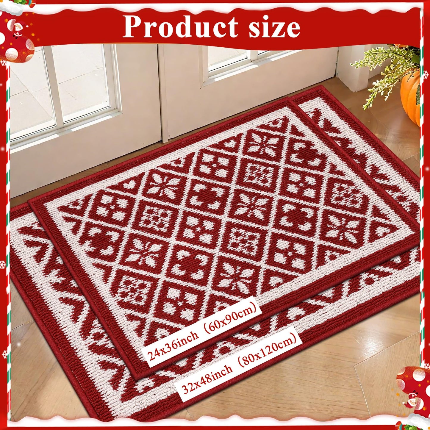 Ileading Christmas Entrance Door Mat, Absorbent Dog Mats for Muddy Paws, Low-Profile Small Red Xmas Decor Kitchen Runner Rug with Non-Slip Backing, Machine Washable Entryway Welcome Mat(Red 24"X36")