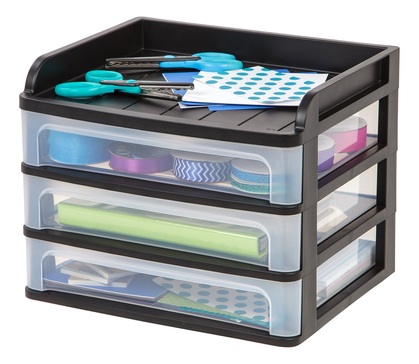 IRIS USA Plastic Desk Top 3-Drawer Storage Organizer with Paper Tray Top, 1-Pack, for Makeup Vanity Nail Polish Bathroom Stationery Art Craft Supplies Kitchen Office Garage Organization, Medium, Black