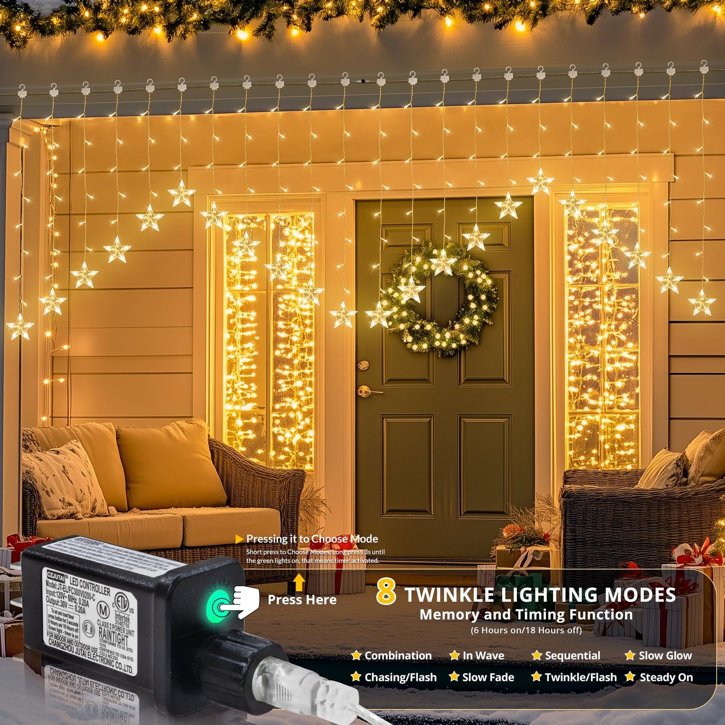 woohaha 118LED Star Icicle Lights,Window Curtain Light Plug in,8 Modes Timer Hanging String Lights,Connectable Warm White Star Lights for Bedroom Indoor Party Wedding Ramadan Christmas Decorations