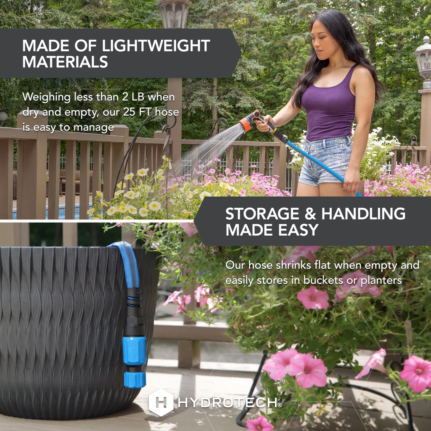 HydroTech FlatJacket 5/8" 25 ft Garden Hose with Patented Force Control Technology- Flexible, Kink-Free, Lightweight Hose for Lawn, Garden, Car Washing, Deck and Patio Cleaning