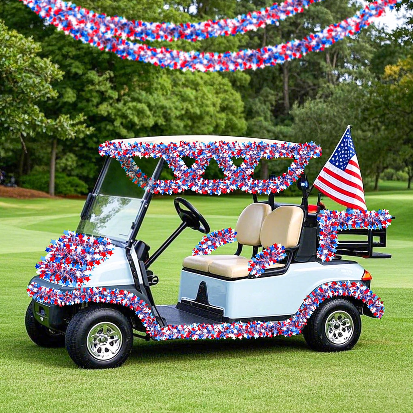 52.5Ft Patriotic Glitter Tinsel Garland Decoration, Red White Blue Star Metallic Tinsel Twist Garland, 4th of July Decor Parade Golf Cart Shiny Tinsels for Car Bike Independence Day Memorial Day Decor