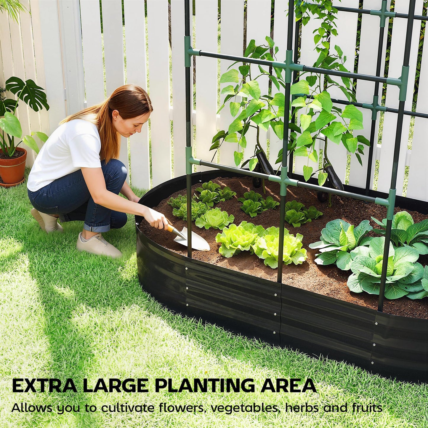Outsunny Galvanised Raised Garden Bed with Arched Trellis, 5 x 3 x 6ft Metal Outdoor Planter Box with Open Bottom Design, Modular Raised Bed with Gloves for Vegetable Flower, Easy Assembly, Dark Gray