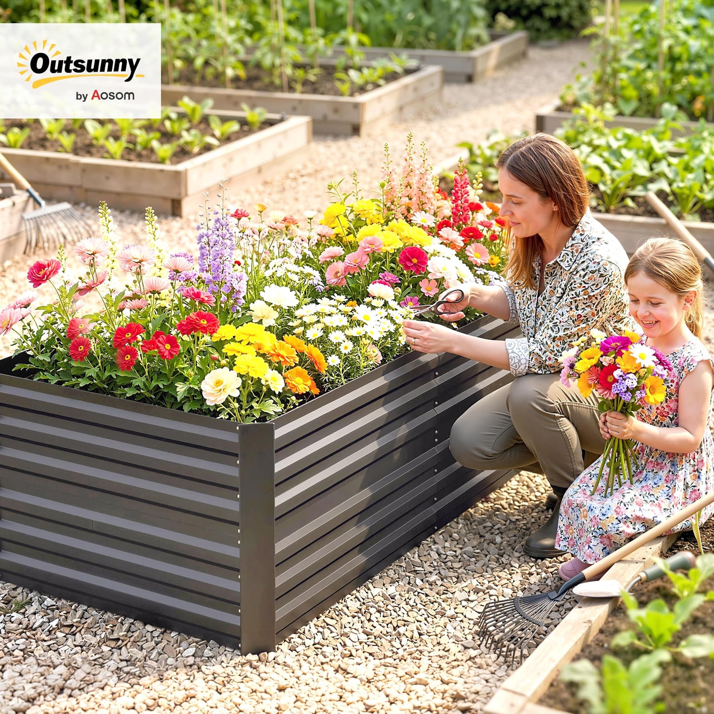 Outsunny Galvanized Raised Garden Bed Kit with Reinforcing Bars, Large and Tall Metal Planter Box for Vegetables, Flowers and Herbs, 6' x 3' x 2', Dark Gray