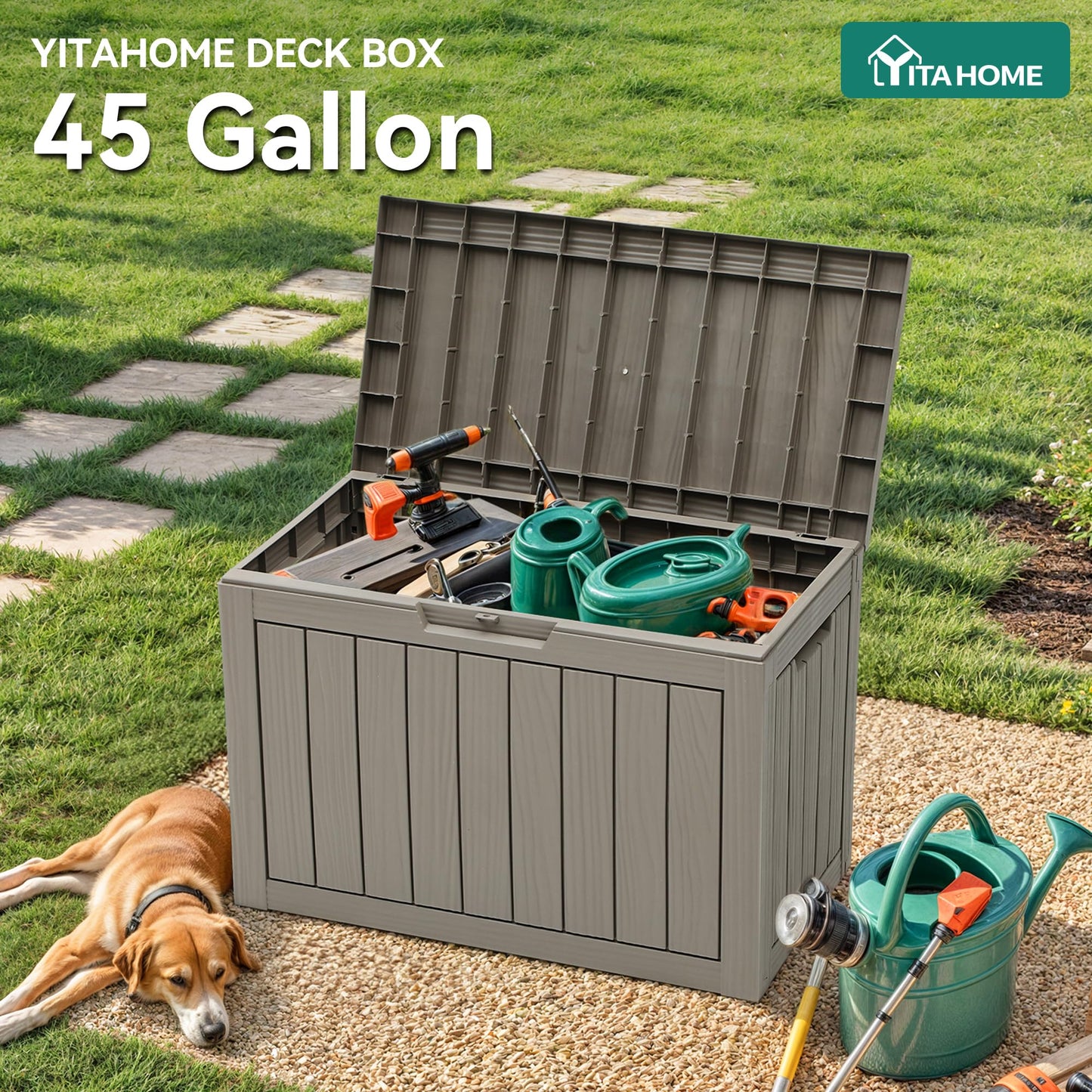 YITAHOME Outdoor Storage Box, 45 Gallon Waterproof Resin Deck Box, Lockable Organizer for Patio, Poolside, Deck, Cushions, Throw Pillows, Garden Tools, Brown