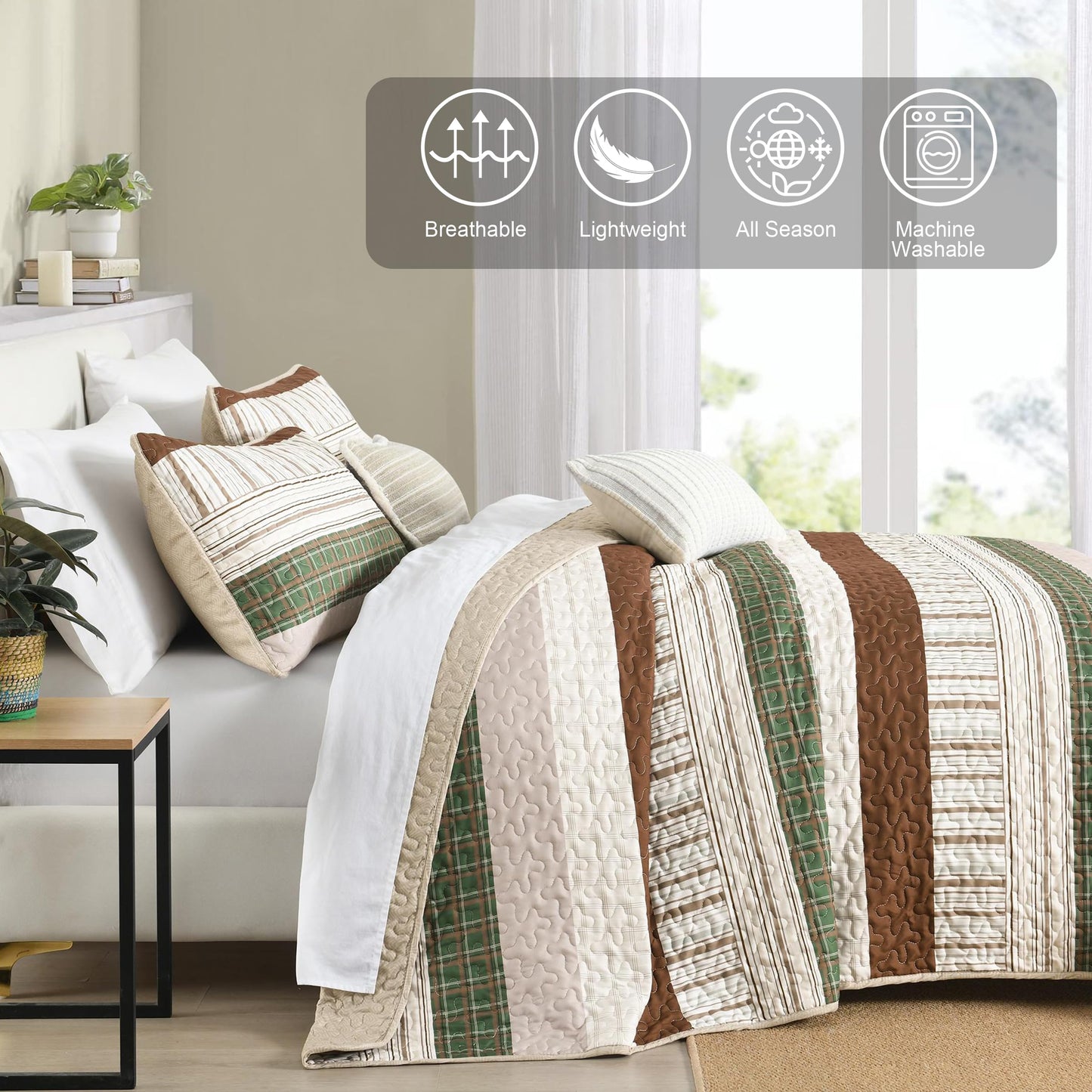 DJY Striped Quilt Set Queen Size, Boho Brown Green Striped Bedspread Coverlet Set Soft Microfiber Patchwork Quilt Bedding Set 3 Pieces for All Season(96"x90")