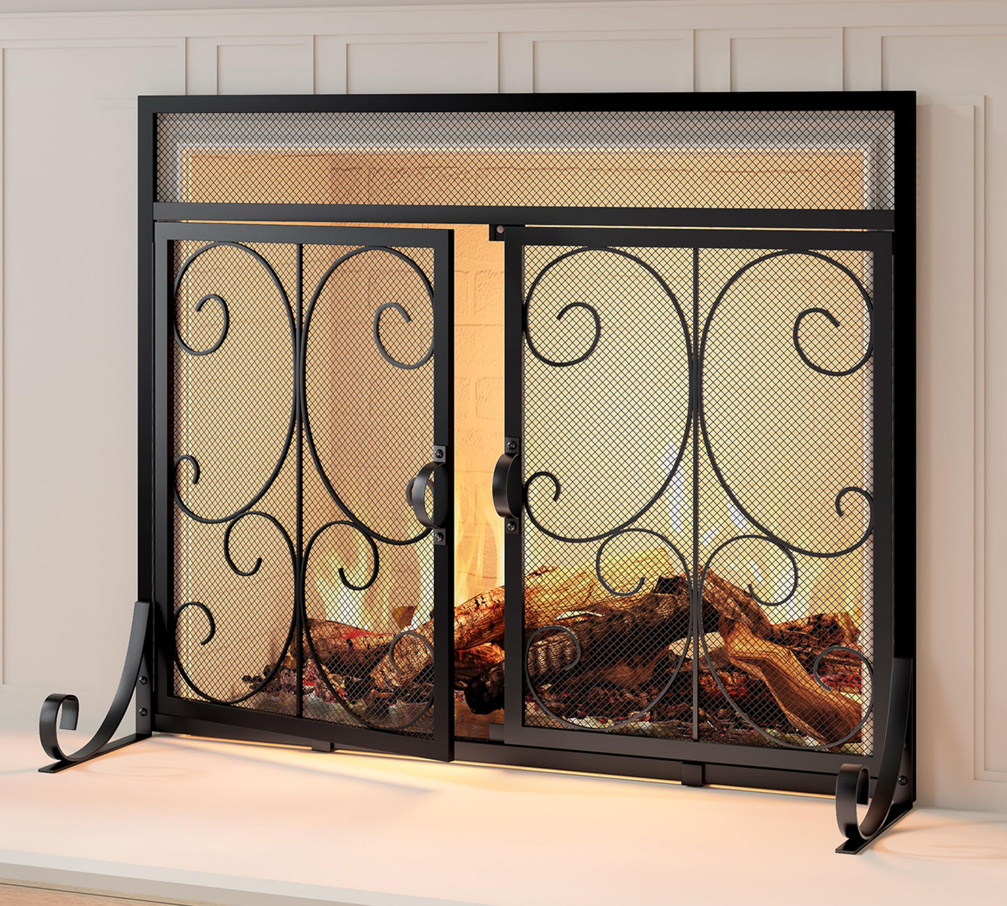 Calidola Large Flat Fireplace Screen with Doors, Wrought Iron Frame with Metal Mesh, Flat Panel Decorative Fireplace Screen with Scroll Design, Free Standing Spark Guard,Black