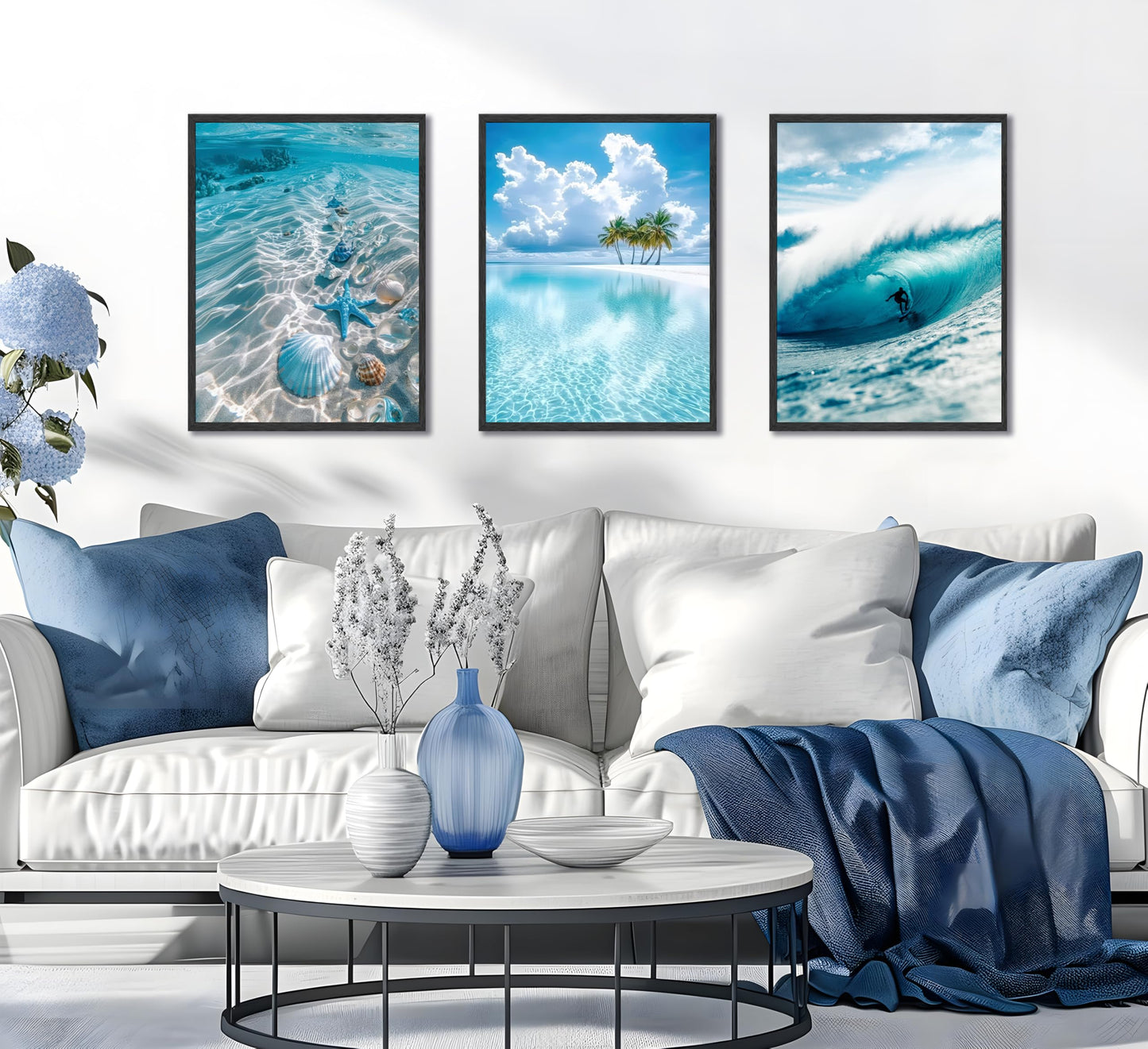 3pcs Blue Ocean Wall Art Featuring Starfish Seashells Waves and Palm Trees Summer Beach-Themed Canvas Paintings Prints Modern Coastal Style Posters Wall Decor suitable for Bathroom living room Decoration (Unframed)