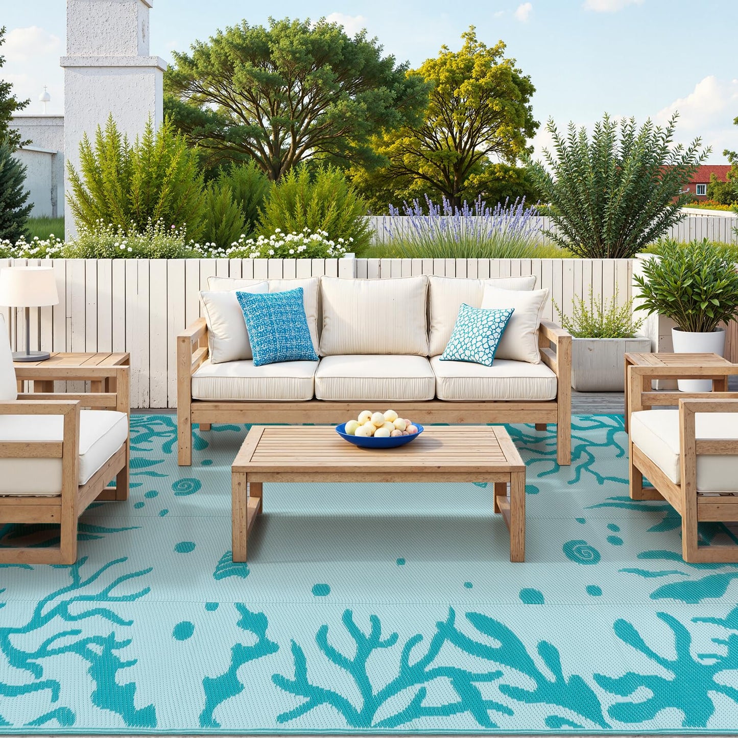Uphome Coastal Outdoor Rug Waterproof 8x10, Reversible Ocean Beach Theme Patio Plastic Straw Rugs, RV Camping Outside Carpet Mat for Pool Back Yard Deck Picnic, 8 x 10 ft