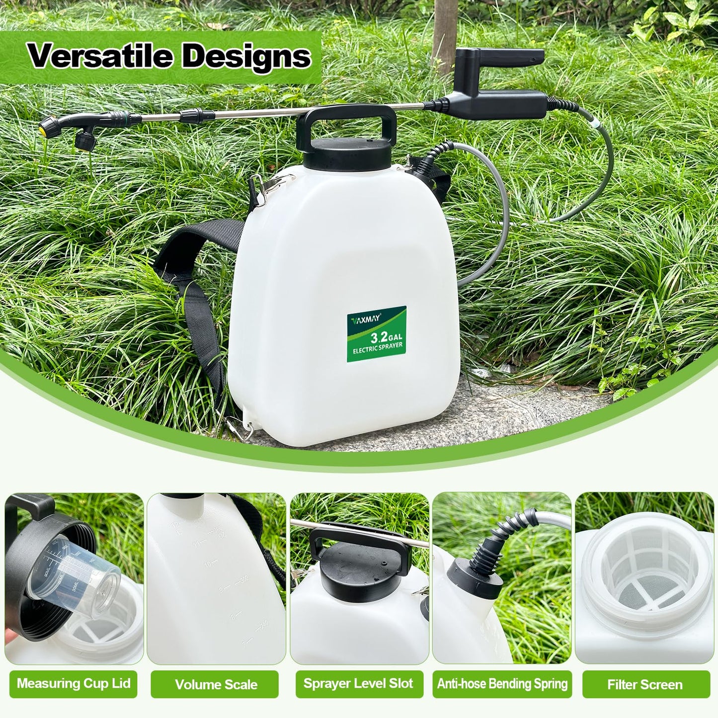 VAXMAY Battery Powered Sprayer 3.2 Gallon, Backpack Sprayer with 3 Adjustable Forces, Battery Indicator, 5 Mist Nozzles, 41" Retractable Wand, USB Rechargeable Garden Sprayer for Weed Lawn Yard