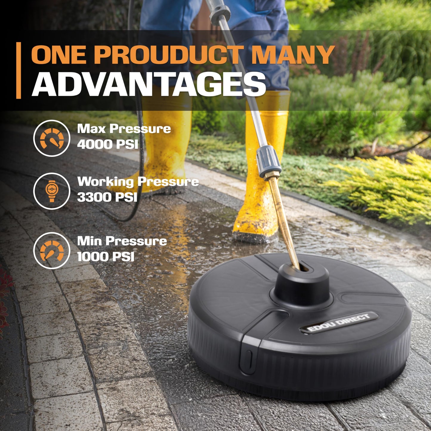 Edou Direct Pressure Washer Surface Cleaner - Heavy-Duty Plastic - 15'' - Black - Dual Spinning Nozzles for Fast Cleaning - Compatible with Most Electric Pressure Washers - 1/4 Inch Quick-Connect