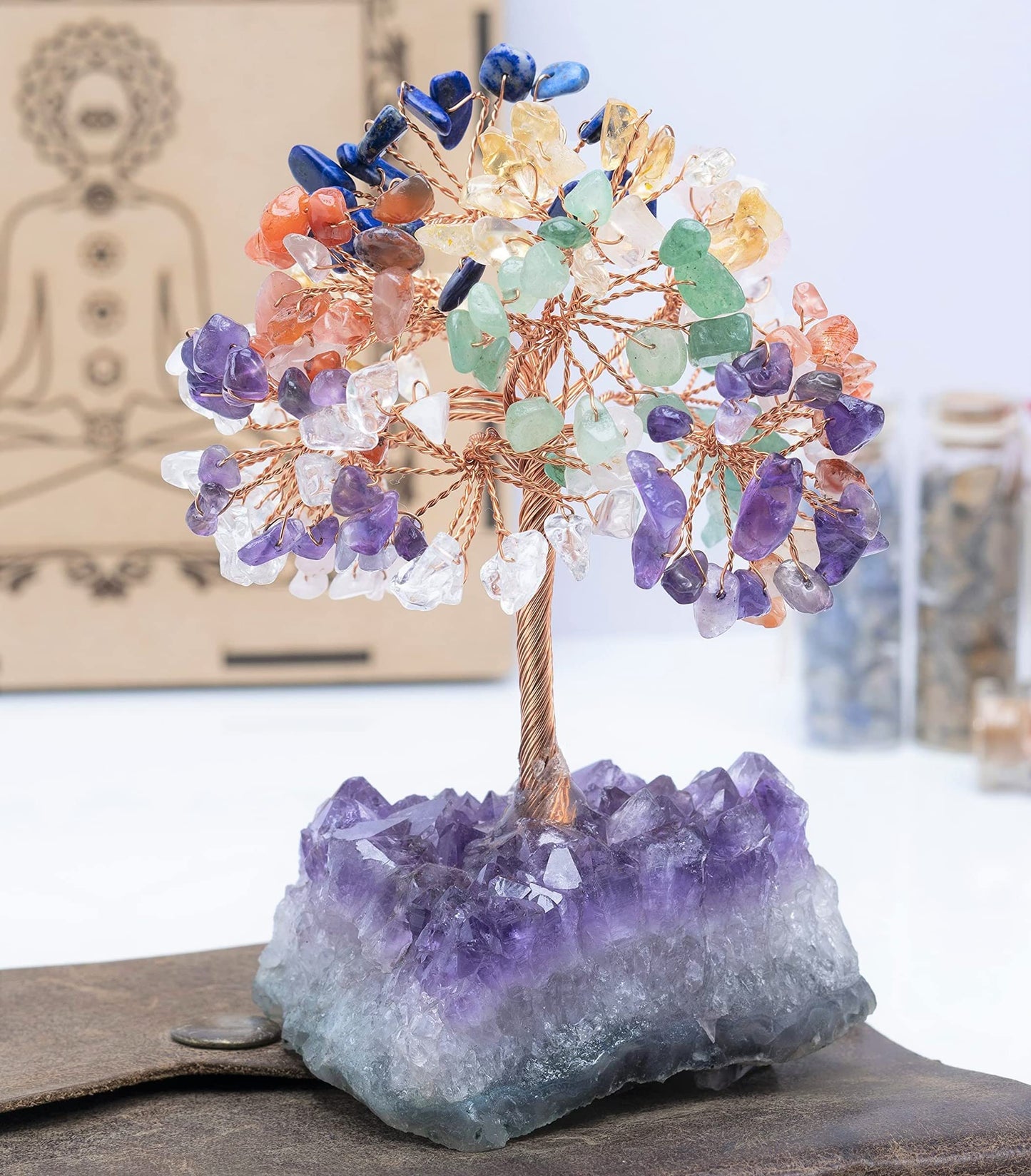 Crocon® 7 Chakra Crystals Birthday Gifts for Women with Amethyst Cluster Base, Meditation, Office Desk Decor, Healing Crystals Tree, Gifts for Mom & Sisters | Grandma Present Spiritual Decor