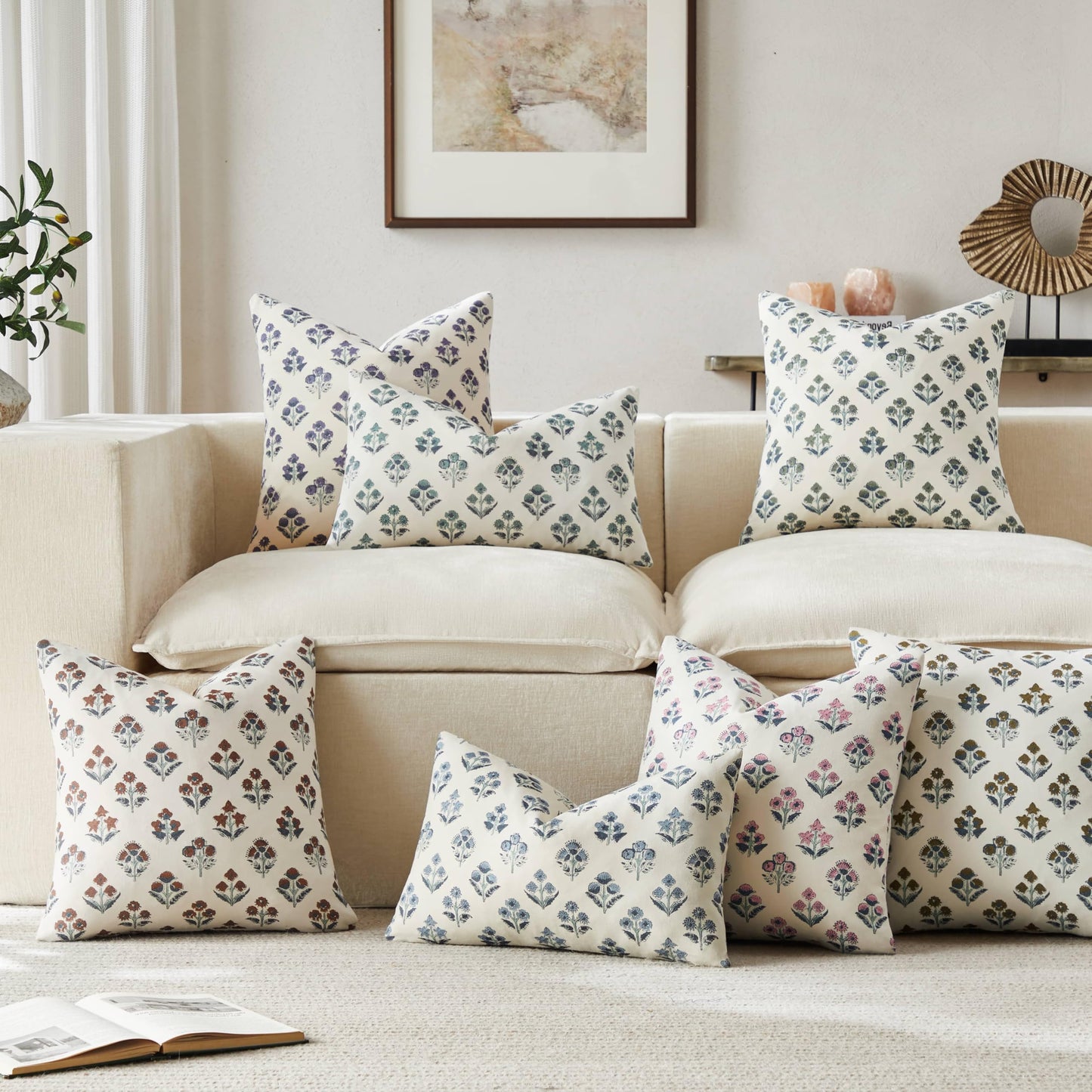 YZJZEDS 100% Cotton Floral Pillow Covers Set of 2, Double Sided Block Print Boho Decorative Throw Pillow Cases, Farmhouse Style Cushion Covers for Home Decor, 18x18 Inches Dusty Blue