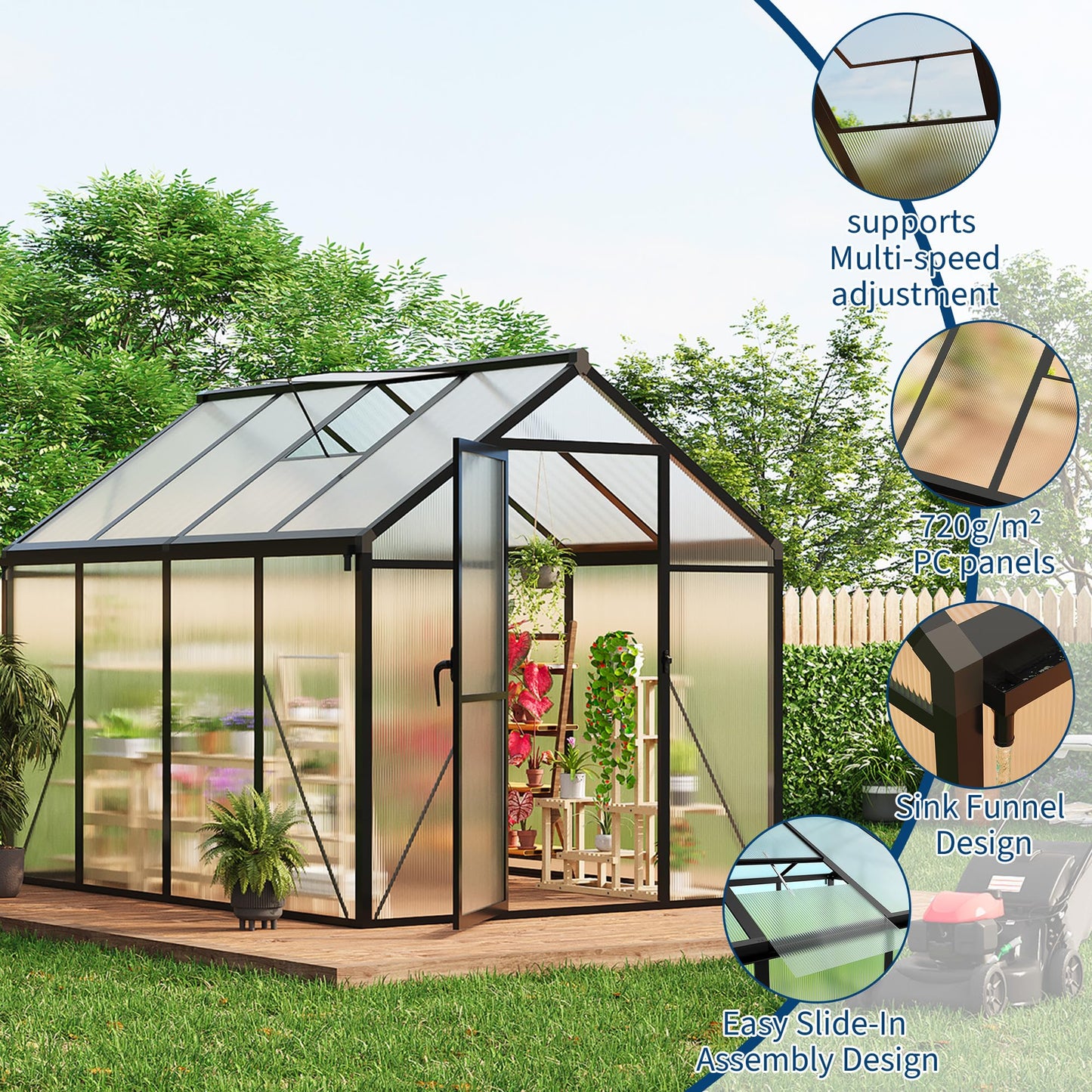 6X8 Ft Polycarbonate Greenhouse Sunroom with Aluminum Frame, Outdoor Greenhouse for Vegetables Herbs Flowers, Lockable Door & Adjustable Roof Vent, Patio Backyard Greenhouse Kit for Gardening, Black