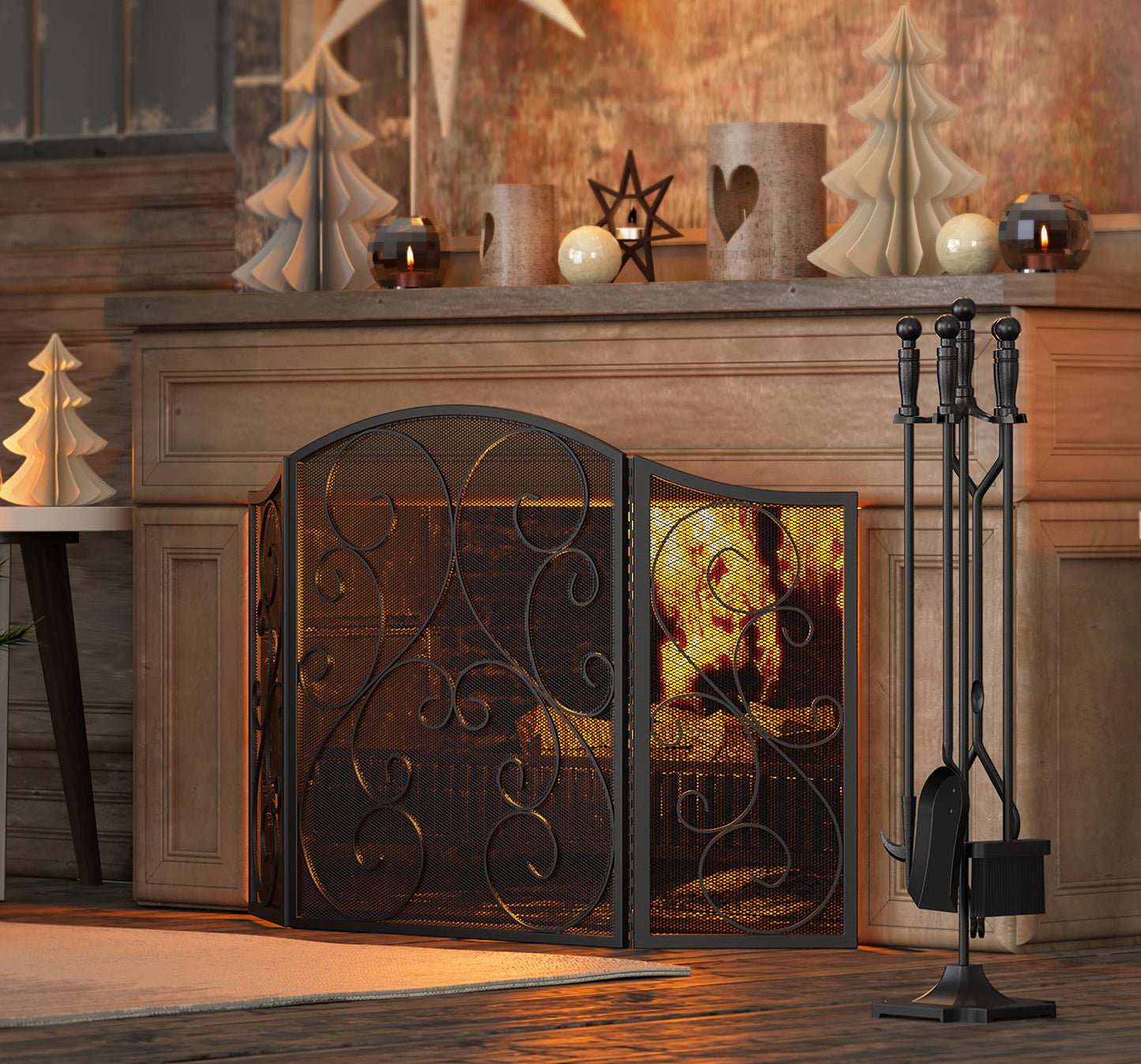 Fire Beauty Fireplace Screen 3 Panel Wrought Iron Metal 48"(L) x30(H) Spark Guard Cover(Black)