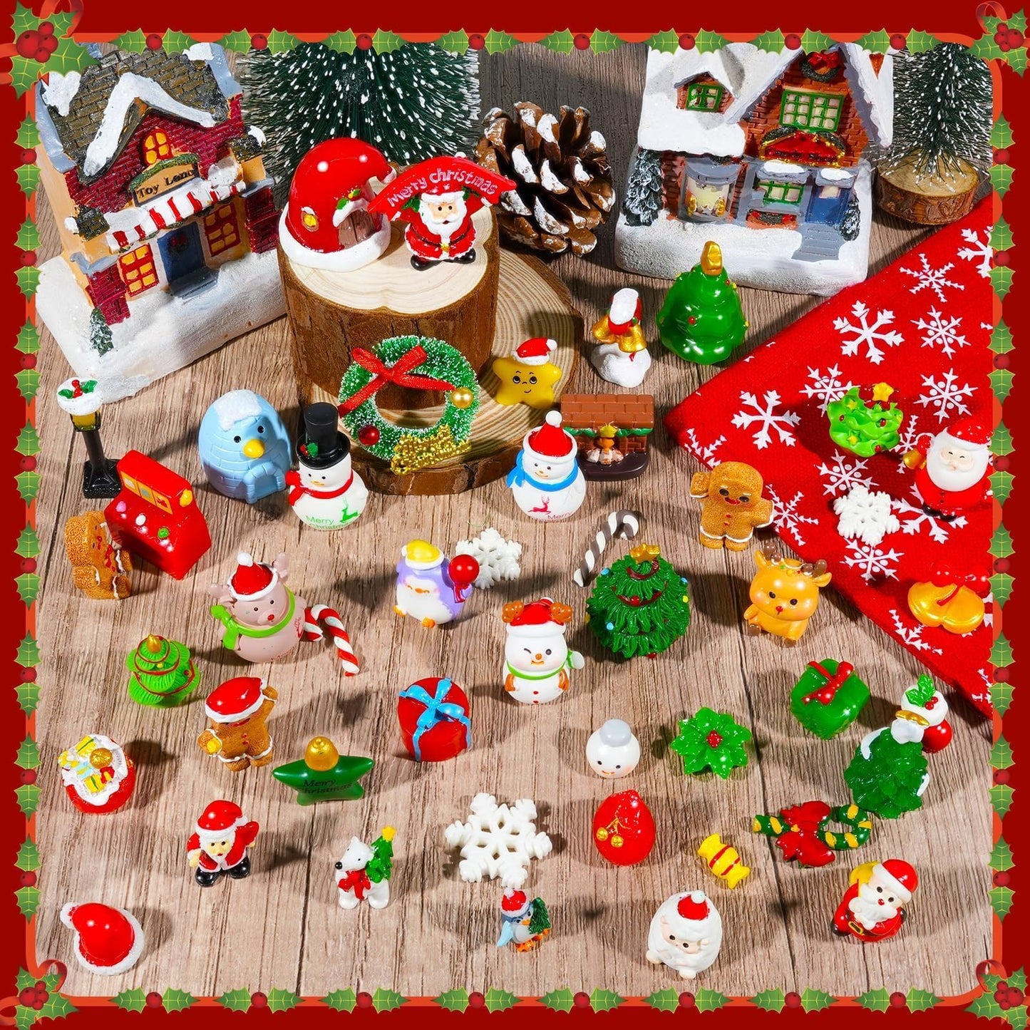 Exasinine 50Pcs Mini Christmas Figurines 48 Style Christmas Miniature Figurines for Winter Xmas Village Accessories Cake Toppers & Home Décor