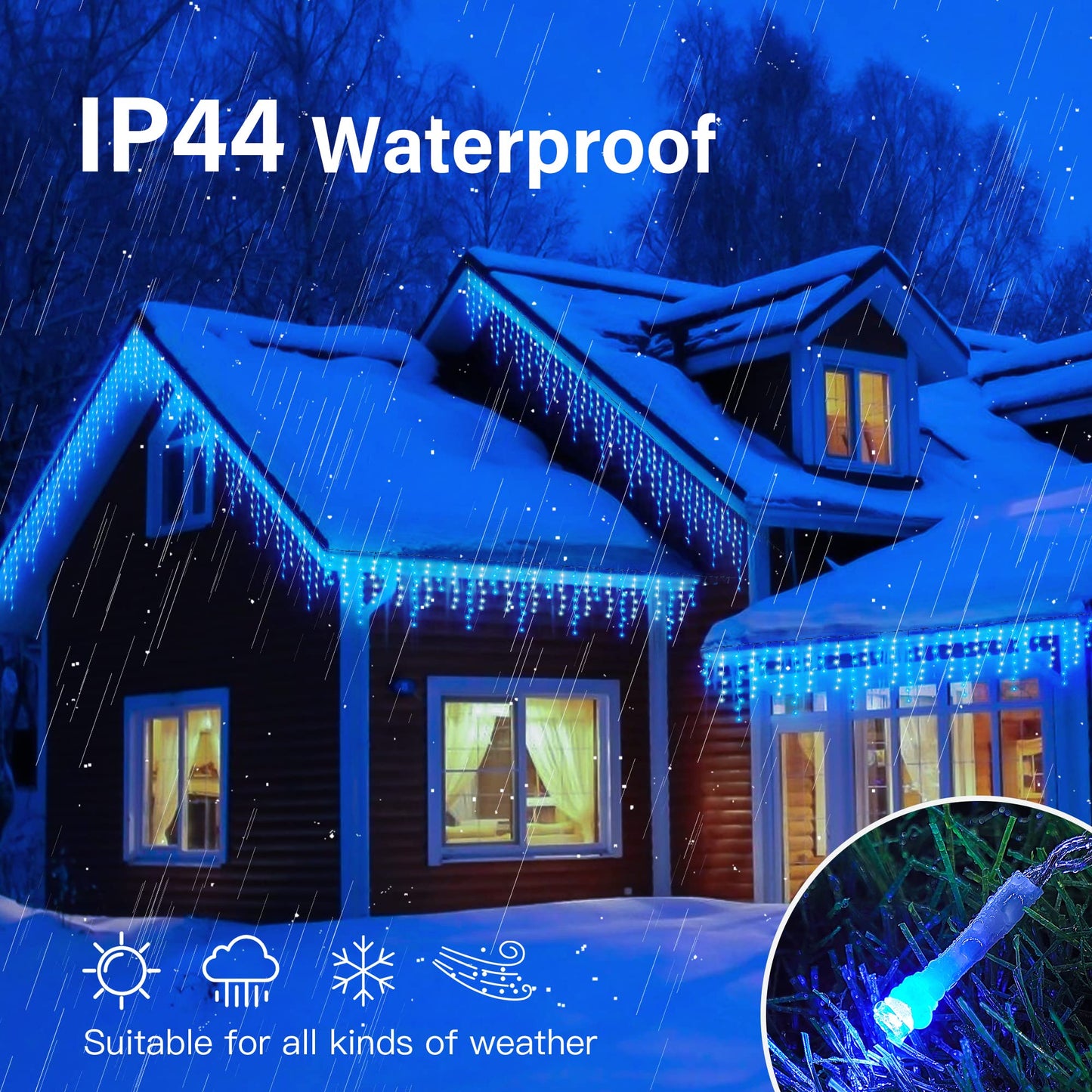Hopolon 33FT 360L LED Christmas Icicle Lights Outdoor Waterproof,8 Modes Plug in Curtain String LIghts With 60 Drops,Christmas Lights for Wedding,Party,Bedroom,Home,Garden,Wall Decorations(Blue White)