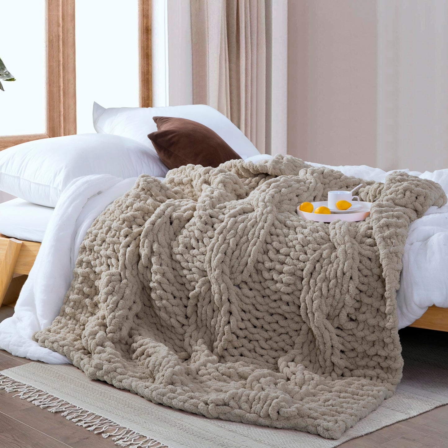 CLOUDS HUG Chunky Knit Blanket Throw - 100% Hand Knitted Thick and Warm Throw for Winter, Linen, 50x60 Inches, Crochet
