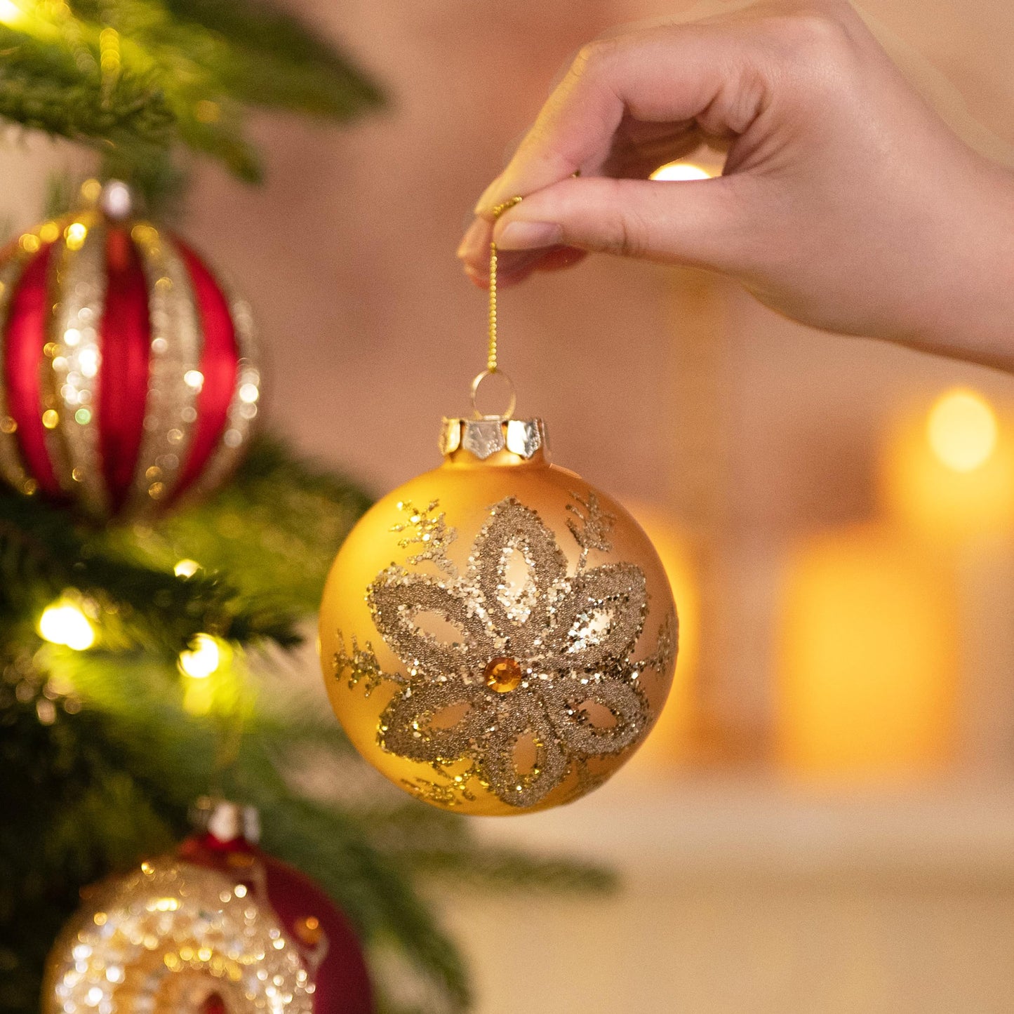 Valery Madelyn Glass Christmas Ornaments Set, 10ct Red Gold Mercury Blown Large Glass Christmas Tree Ball Decorations, Luxury Hanging Teardrop Finial Faceted Reflector Decor