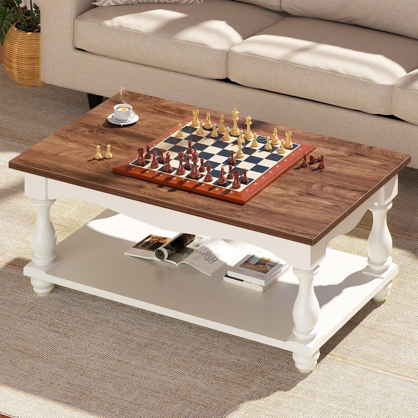 Besiost Farmhouse Coffee Table with Storage, 47" Mid Century Coffee Tables for Living Room, Modern 2-Tier Rectangle Coffee Table with Solid Wood Legs, Vintage Living Room Tables, Rustic Brown