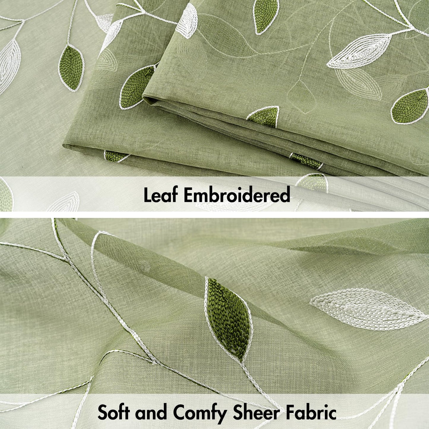 MIULEE Sage Green Sheer Curtains 2 Panels Embroidered Leaf Patterned Rod Pocket Floral Semi Sheer Faux Linen Window Curtains Drapes Set for Living Room Bedroom Dining Room, 52x84 Inches Long