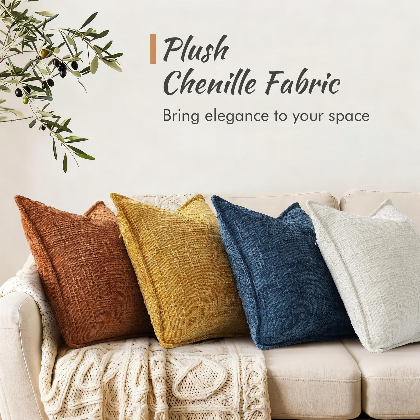 decorUhome Chenille Throw Pillow Covers 20x20 Set of 2, Thick Textured Slubby Neutral Decorative Pillow Covers with Elegant Design for Couch, Sofa, Living Room, Navy Blue