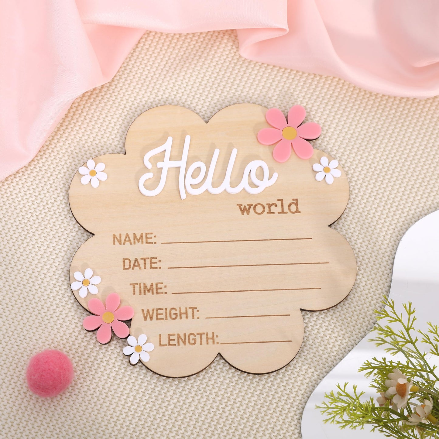 Hello World Newborn Sign - Wooden Baby Name Announcement Board, Daisy Design, Gender Neutral Nursery & Hospital Photo Props Keepsake Gift