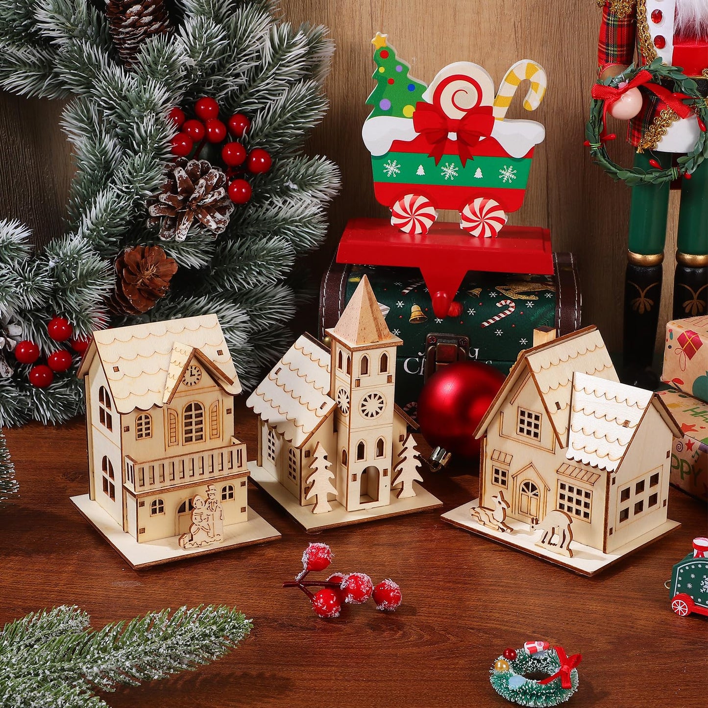3 Pcs Christmas Village Houses: Led Light Wooden House with Battery, Unfinished Rustic Holiday Village Decor - Perfect for Christmas Table Centerpieces, Xmas Party Decorations,DIY Crafts