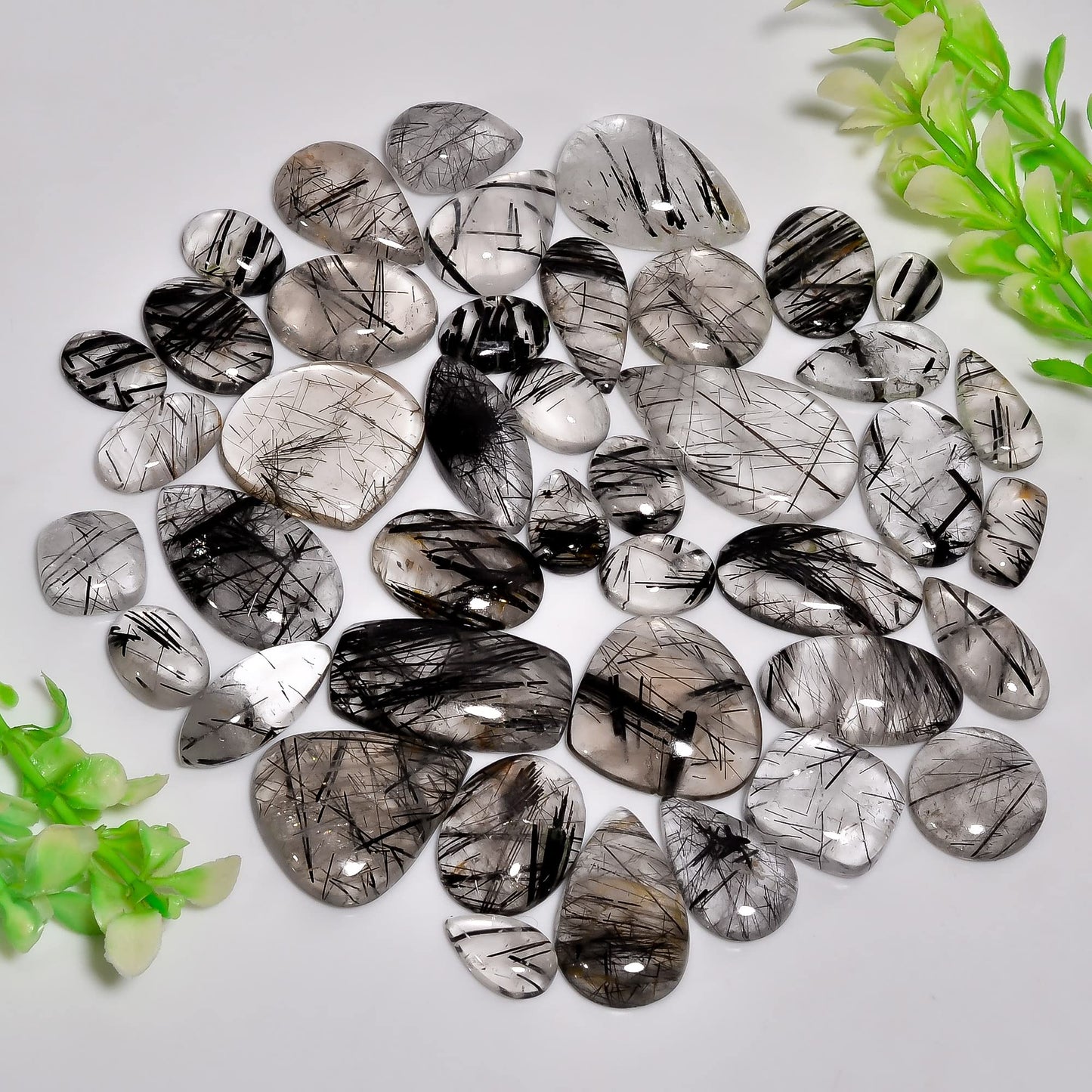 Natural 5, 4 & 3 Pcs Gemstones Cabochons Lot (15–30 MM), Multi Shape Stones for Jewelry Making Supplies Healing Crystals Gems Loose Gemstones (black rutile, 5pcs)