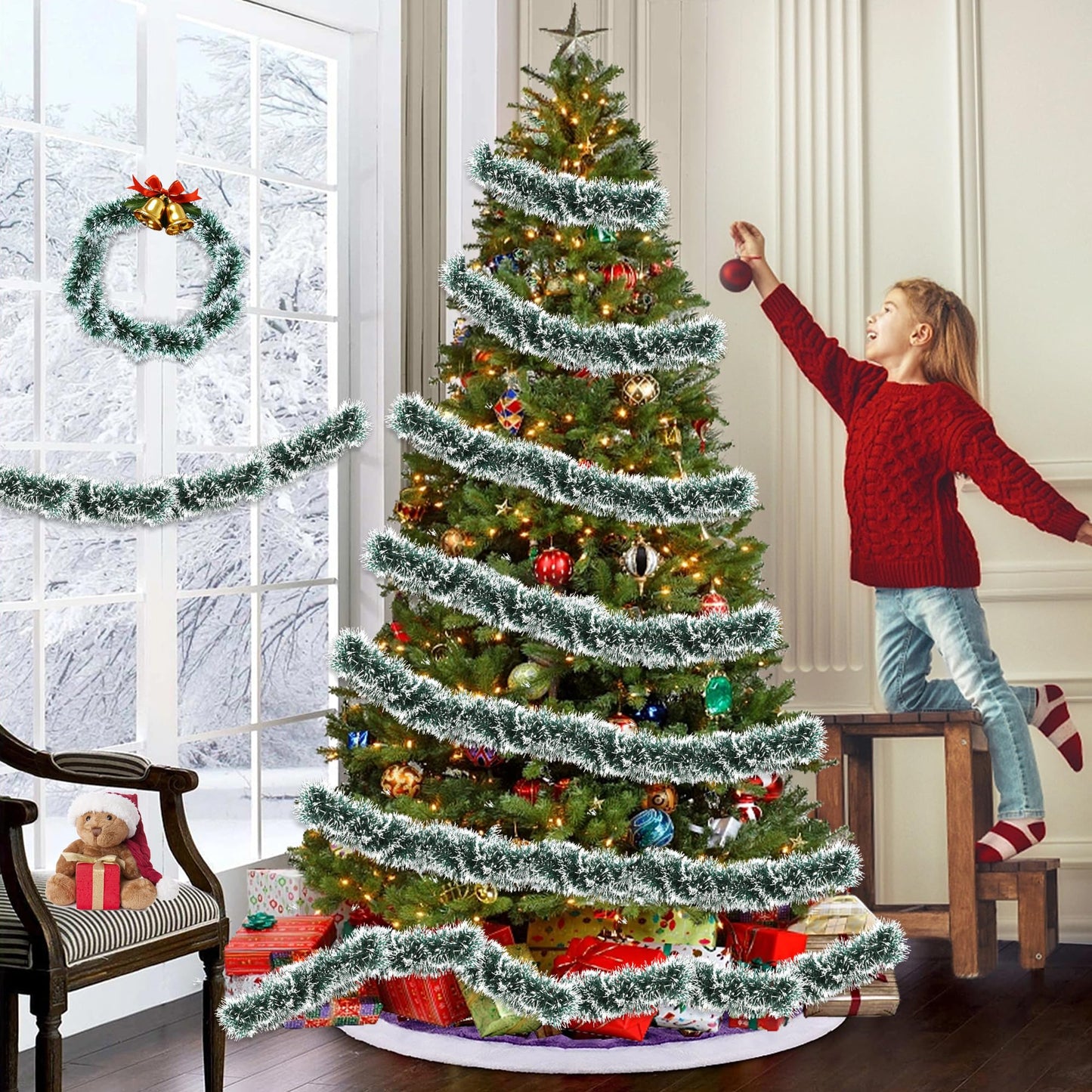 50FT Green White Christmas Tinsel Garland, Metallic Twist Xmas Garland for Christmas Tree Decorations, Holiday Hanging Garlands for Mantel Staircase Fireplace Indoor Outdoor Home Party Decor