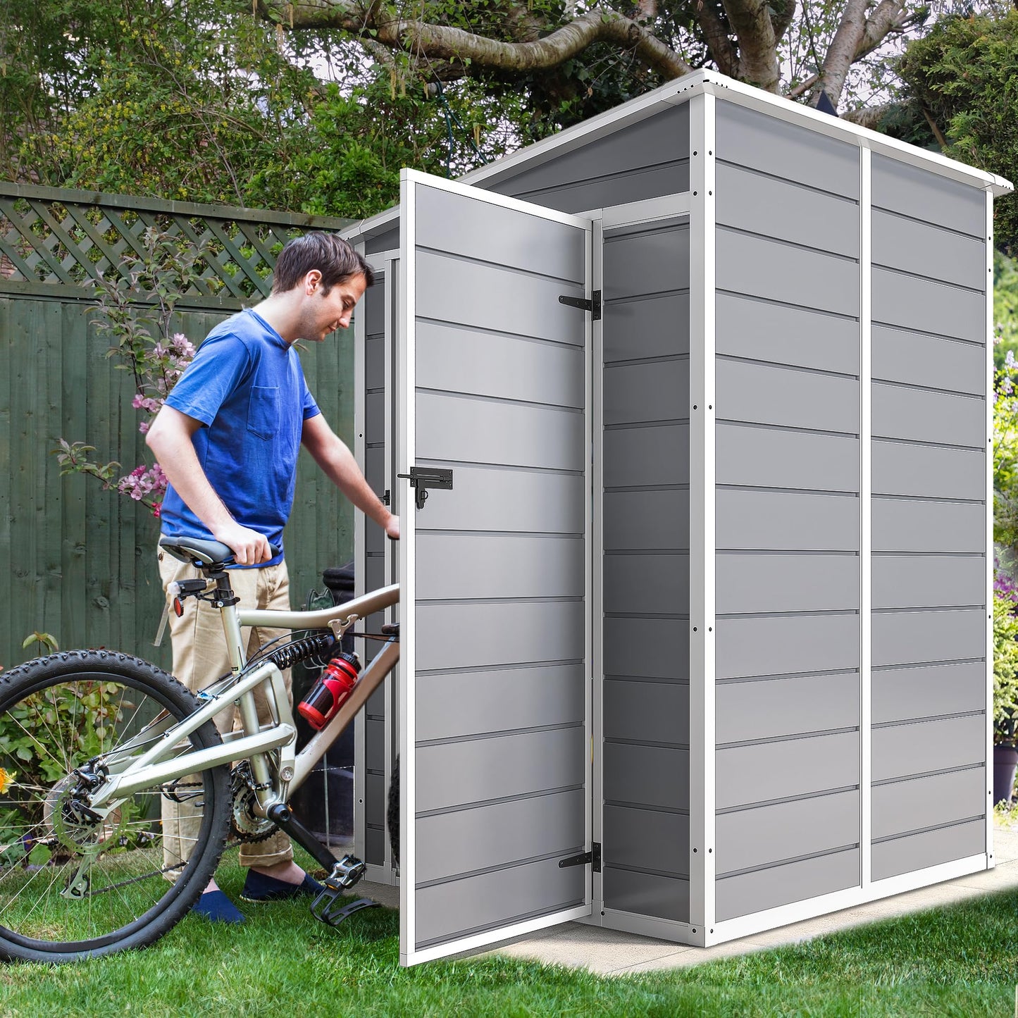 DWVO 5x4ft Resin Outdoor Storage Shed with Floor, Large Waterproof Lockable Storage Shed with Window, Plastic Outside Tool Storage for Garden Backyard Patio Lawn (Gray)