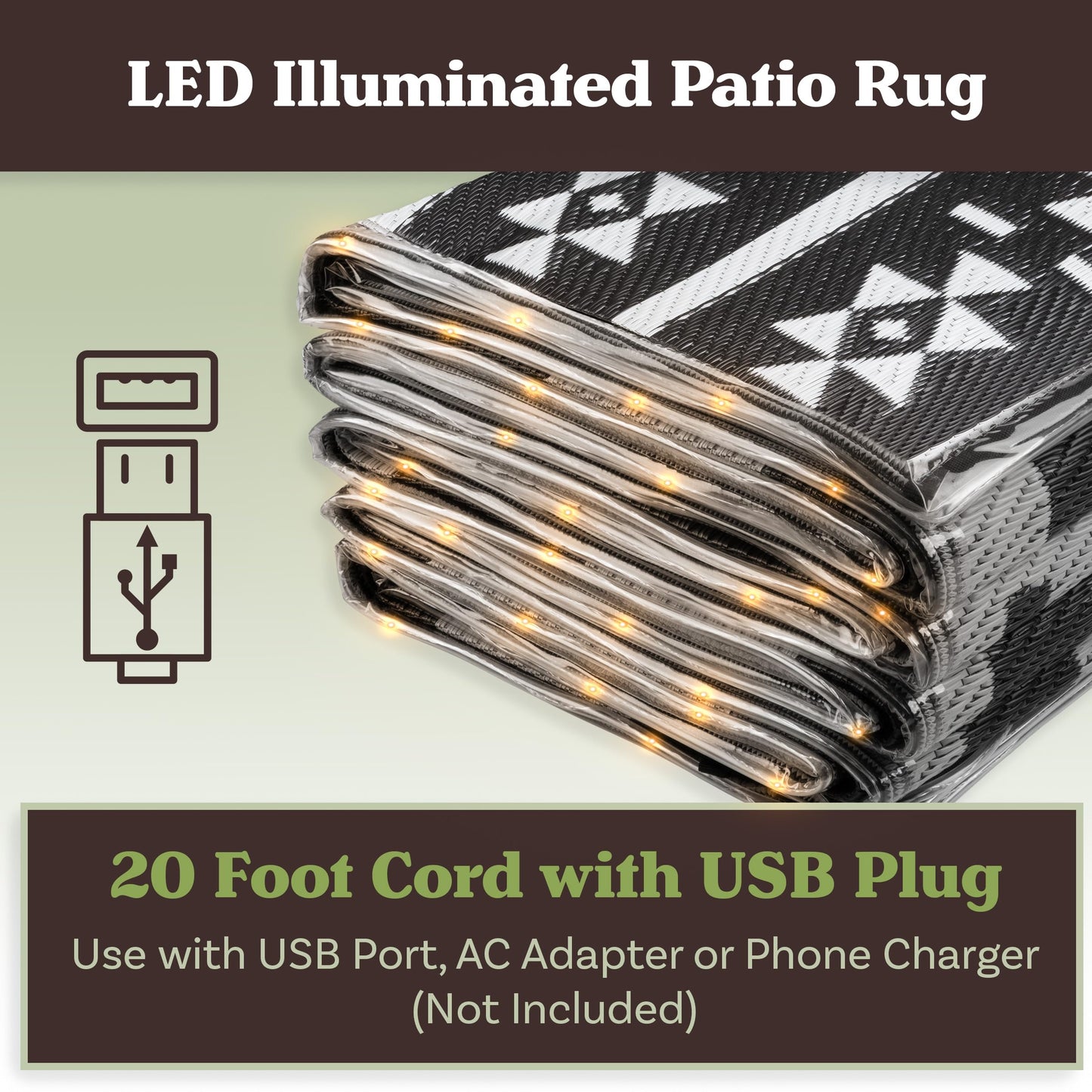 Pure Garden Outdoor Patio Rug with LED Lights - 8x10 Outdoor Rug - Plastic Straw Patio Mat Outdoor Waterproof Carpet - RV or Porch Decor (Gray)