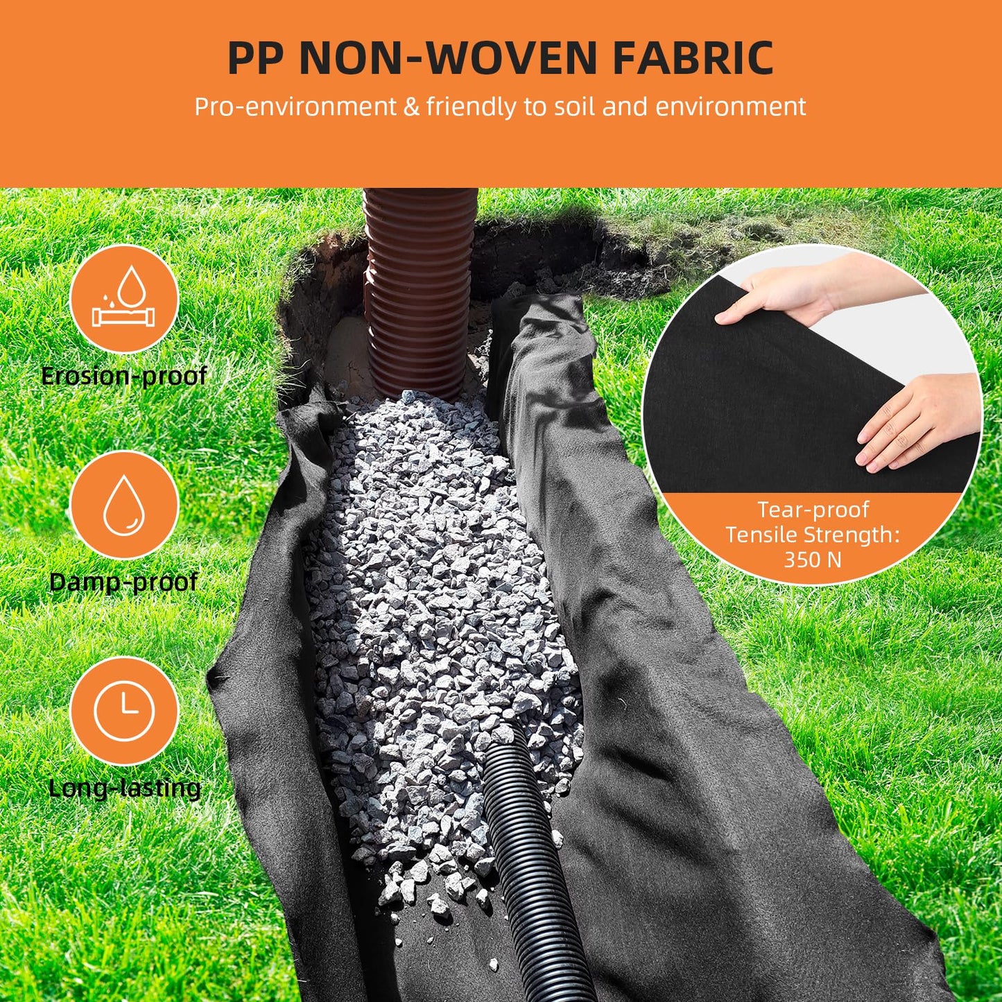 GarveeLife Geotextile Landscape, 6 ft x 50 ft & 6 oz Geotextile Fabric, PP Drainage 350N Tensile Strength & 440N Load Capacity, for Driveway & Road Stabilizationr, Erosion Control, French Drains