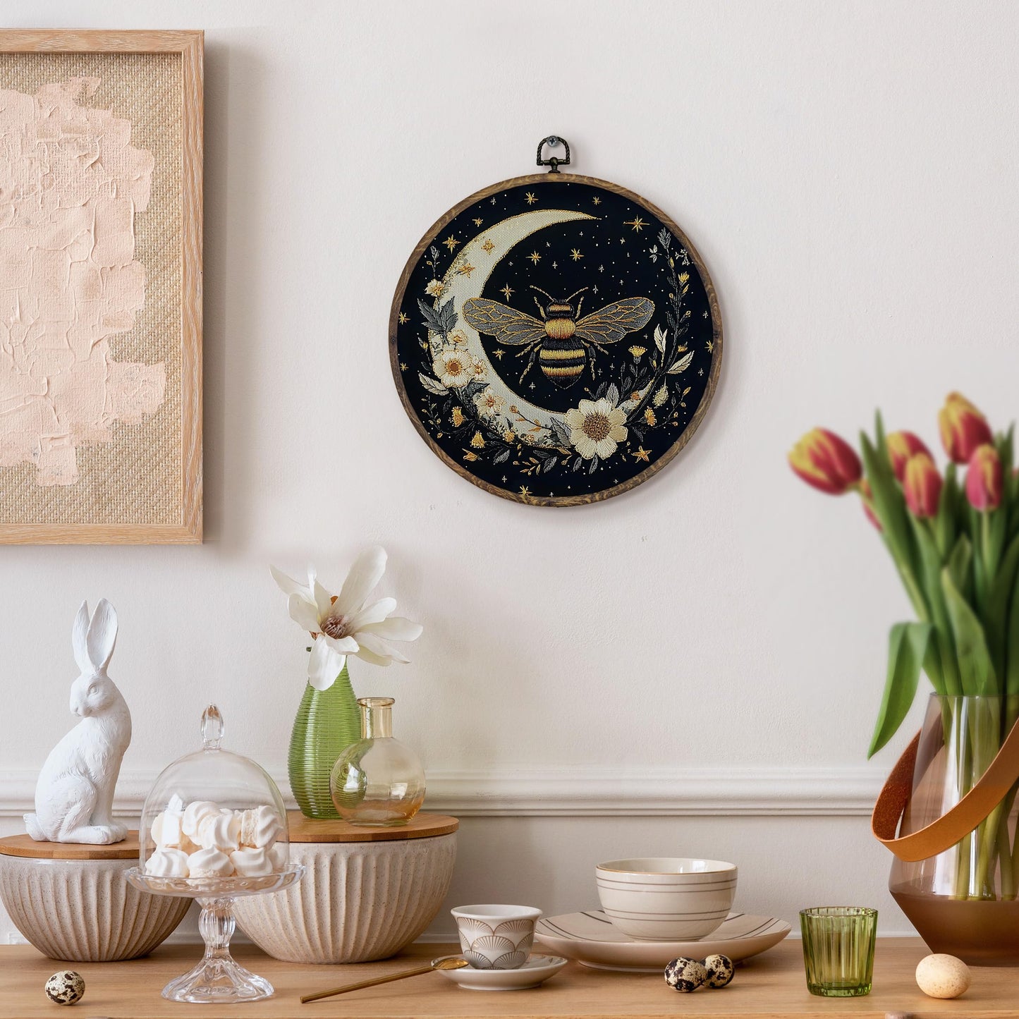 KFXHANGD Gothic Bee Moon Round Wall Art Framed, Witchy Bumble Bee Botanical Canvas Wall Art Decor, Celestial Bees Floral Hanging Decor for Bathroom Bedroom Kitchen, 10x10inch