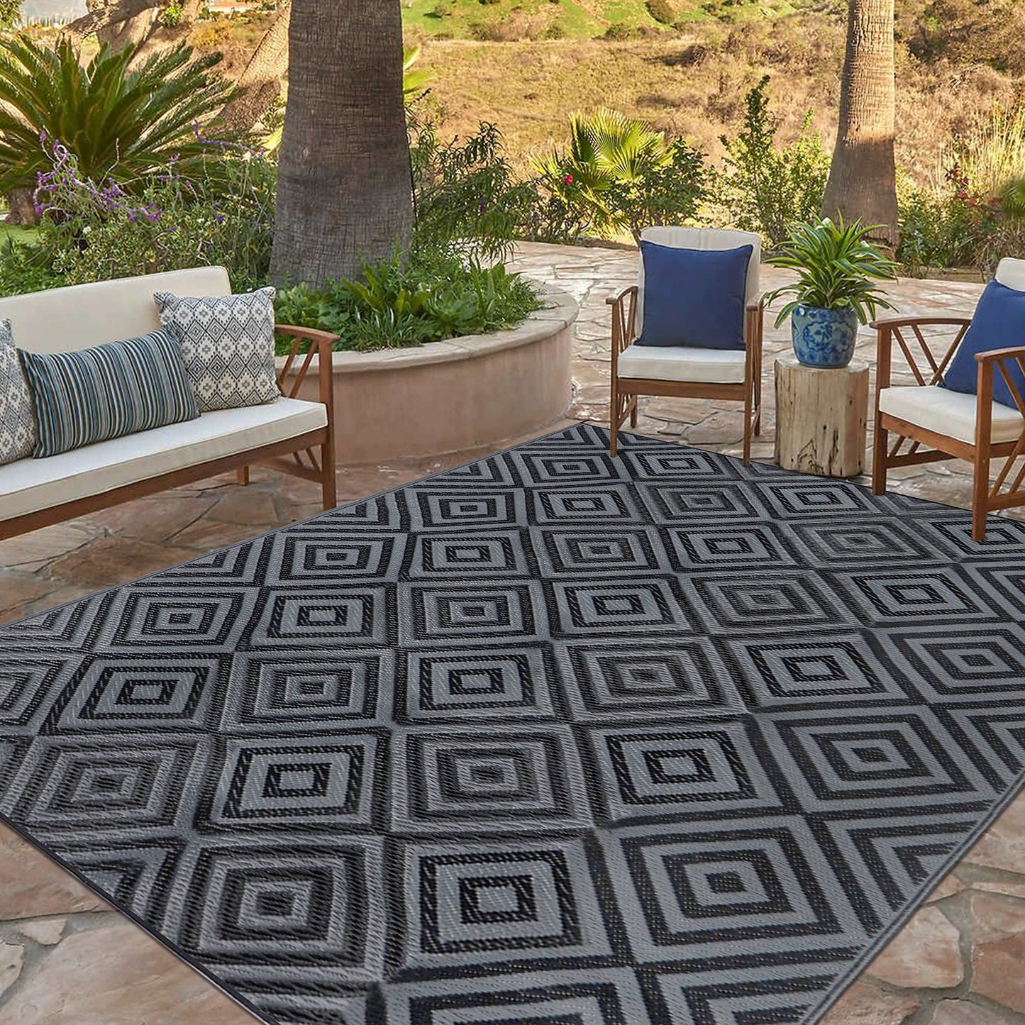 Ridota Reversible Mats, Patio Plastic Straw Modern Area Rug, Floor Mat for Outdoors, RV, Patio, Backyard, Deck, Picnic, Beach, Trailer, Camping (Diamond Black & Grey, 9' x 12')