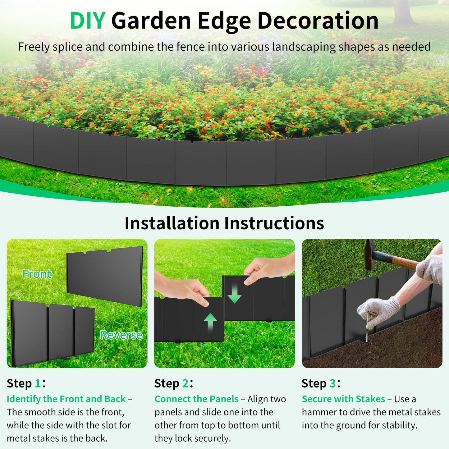 20 Pcs Garden Landscape Edging Border Kits 5.9inch Tall, 19.7ft Flexible Garden Fence Edging with 20 Metal Anchoring Stakes, No Dig Plastic Garden Decorative Border for Flower Bed Lawn Driveway Yard