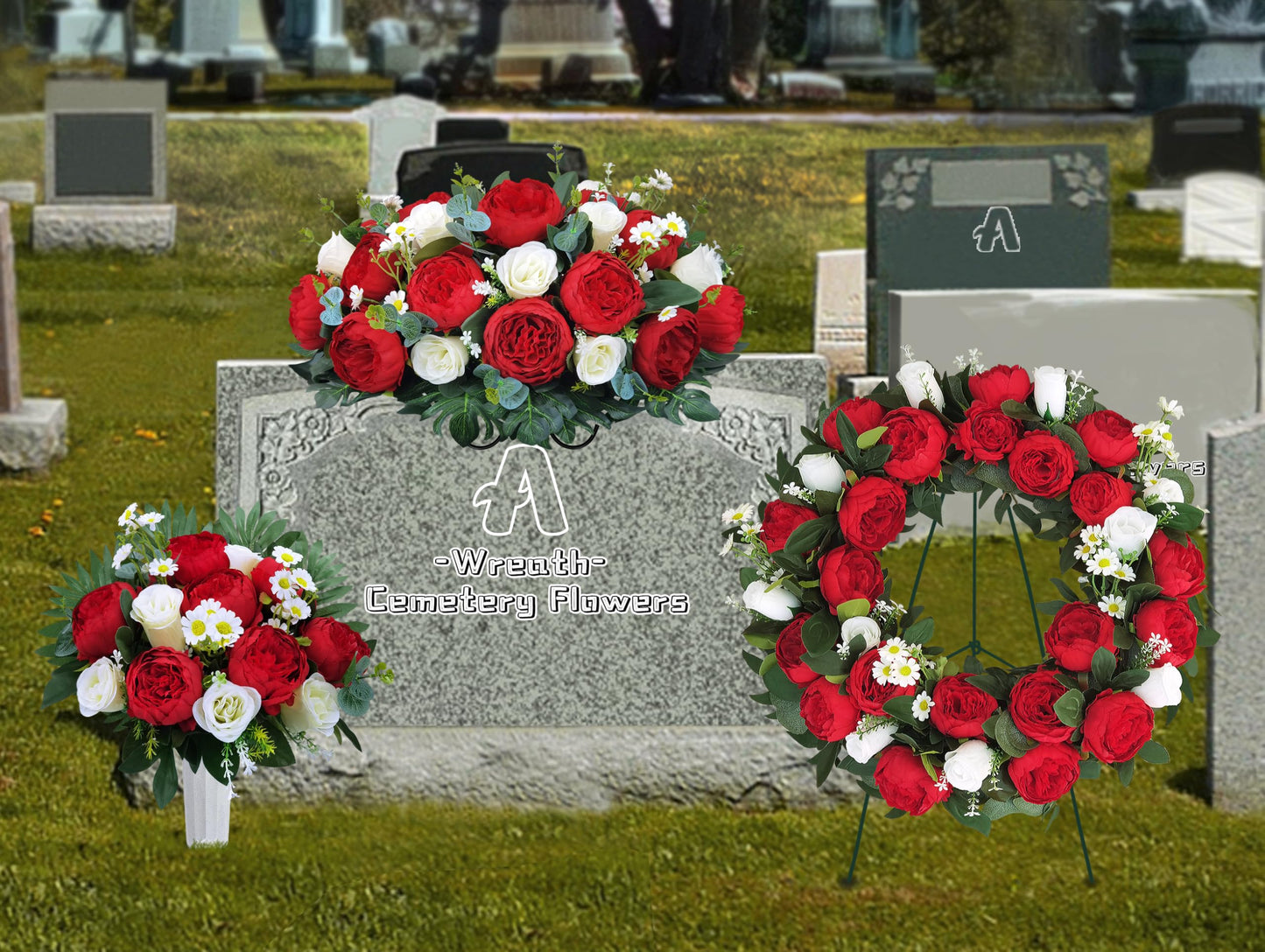 AILVEMEE Cemetery Wreaths for Graves,Christmas Wreath for Cemetery,Memorial Day Grave Wreath,Headstone Wreaths on Metal Stand,Spring Artificial Flower Wreath:Red Peony,White Rose