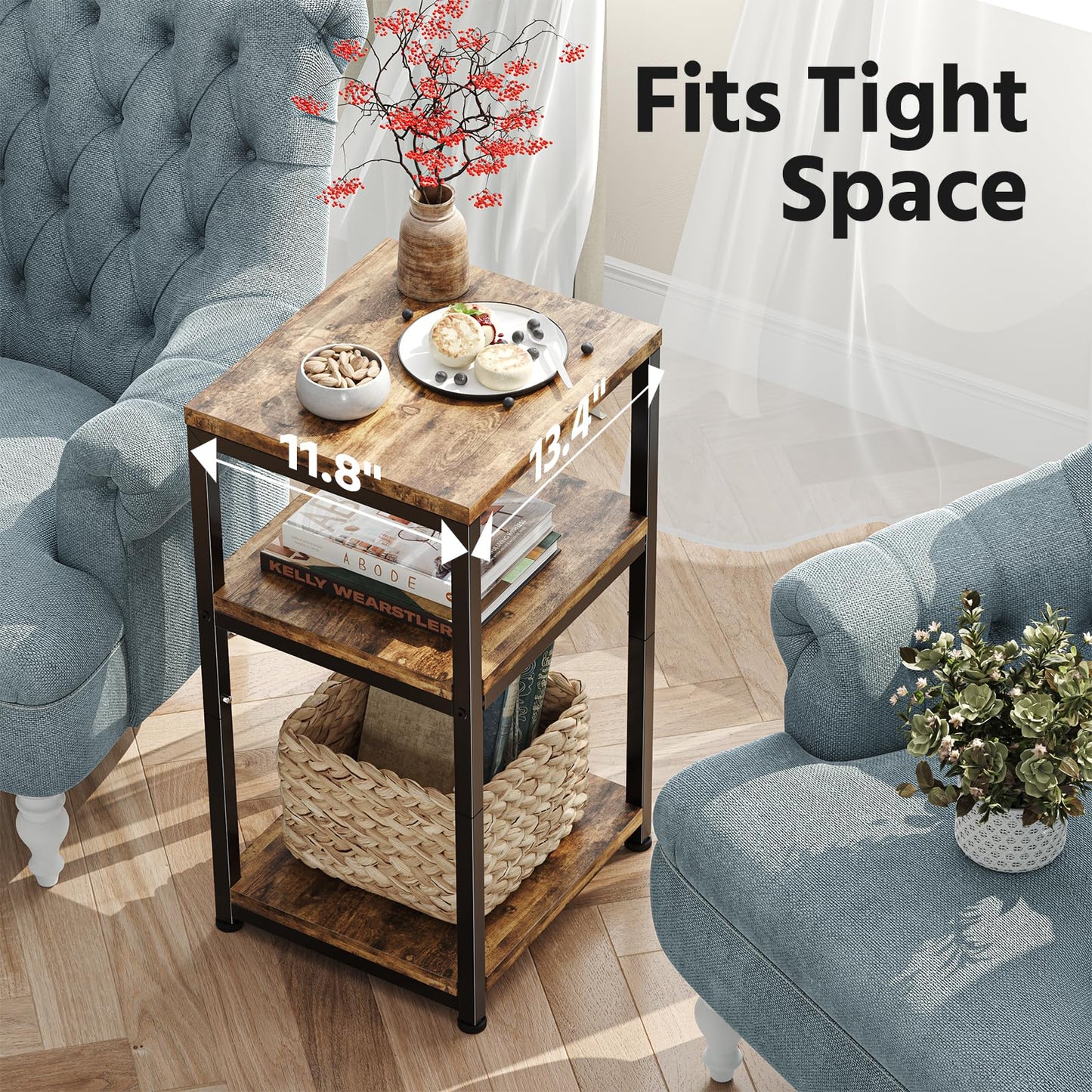 Simple Trending 3 Tier Side Table, End Table Night Stand Sofa Table Shelf for Living Room, Rustic Brown