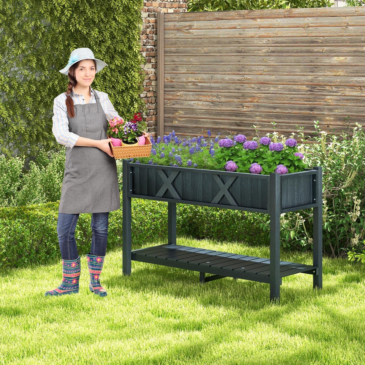 Giantex HIPS Raised Garden Bed, Elevated Planter Box w/Legs, Storage Shelf, Drainage Holes, Weather-Proof Standing Raised Beds for Backyard Balcony Flower Herb (Black, 44" x 18" x 29")