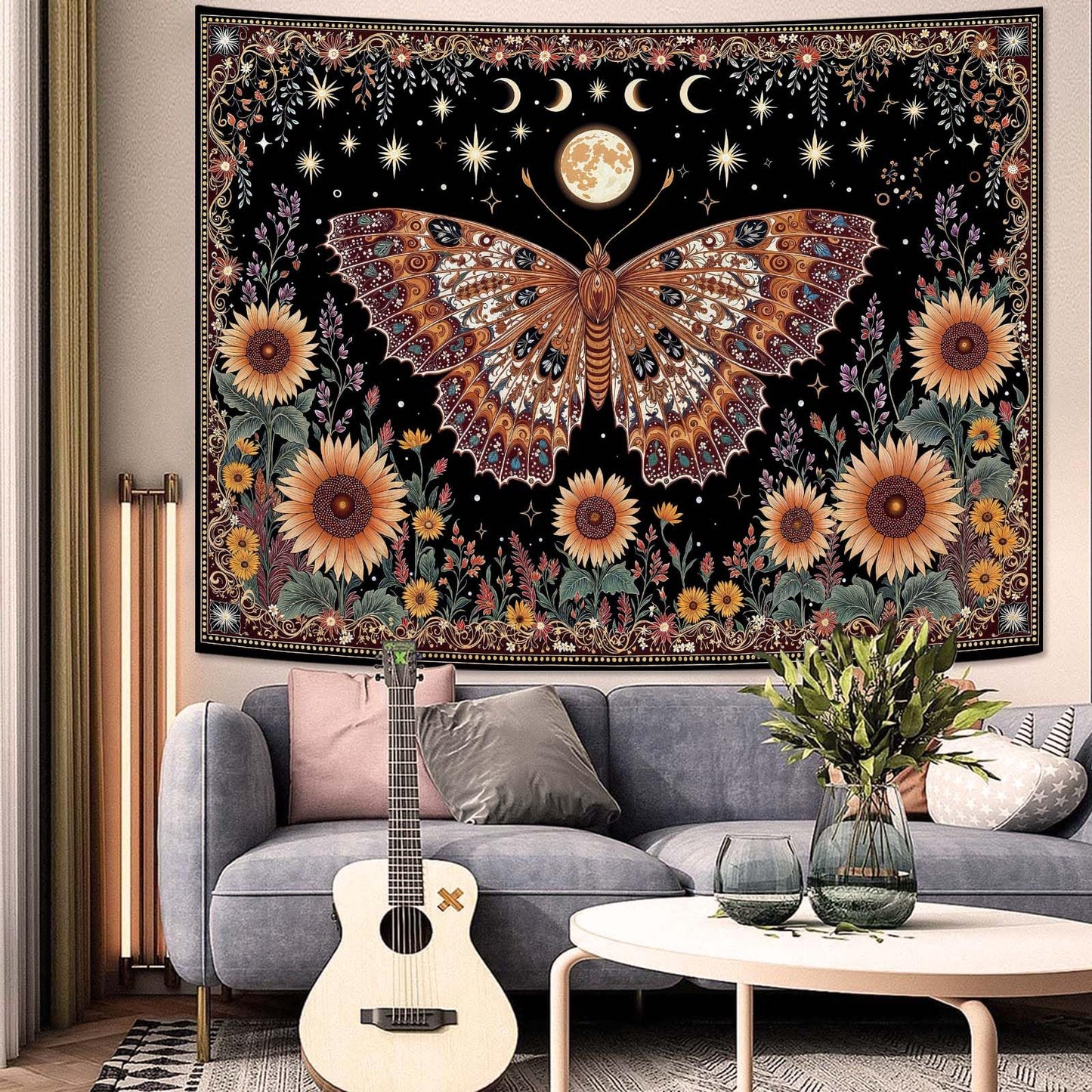 CKM-WOYIN Butterfly Tapestry Moon Star Retro Floral Sunflower Plant Tapestries for Bedroom Witchy Aesthetic Room Decor Tapestries Wall Hanging for Living Room, Bedroom, Dorm (60''×44'')