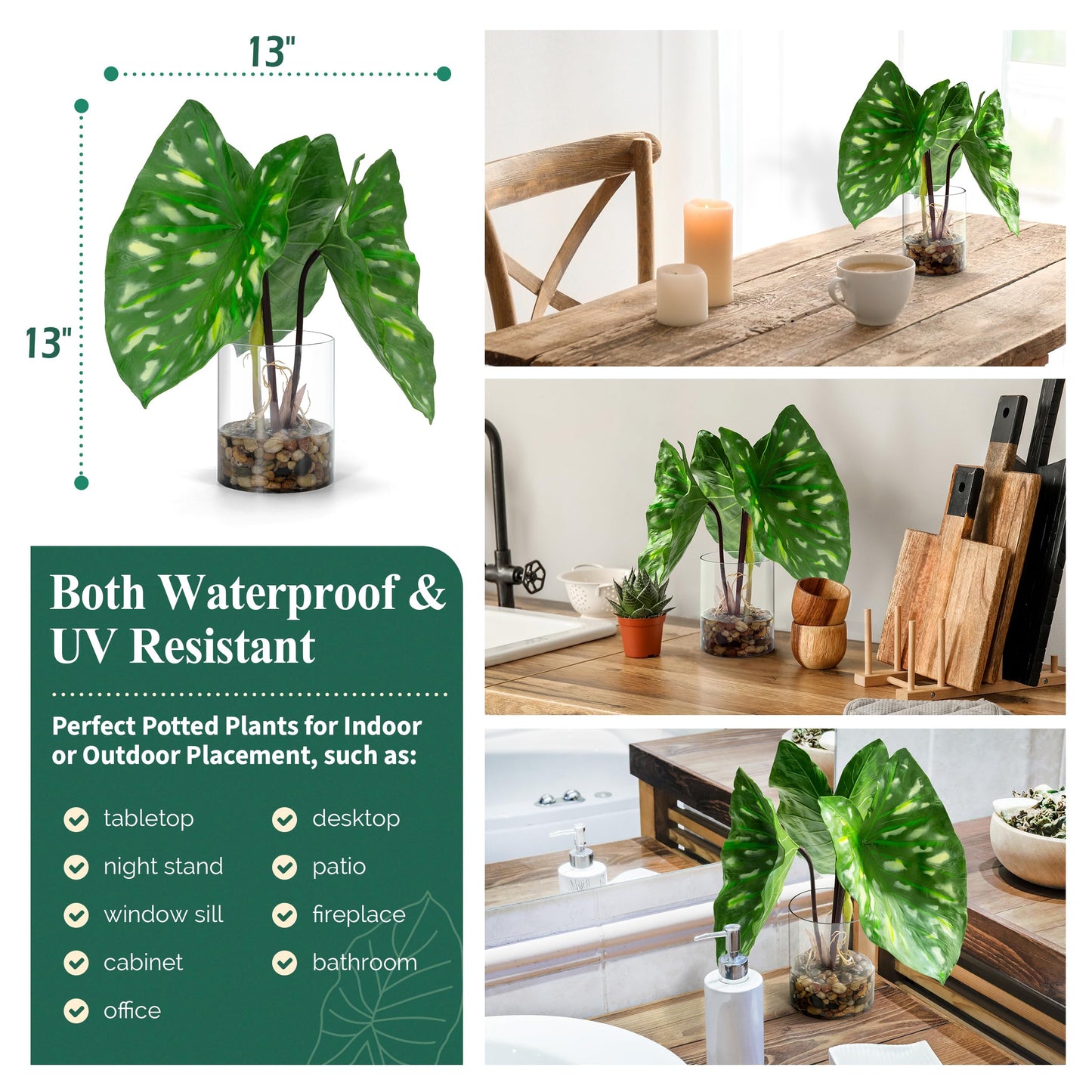 SUNPRAIRIE Tropical Artificial Plant in Clear Pot with Artificial Water, Wide Arrowhead Leaves. Faux Plants Indoor and Outdoor