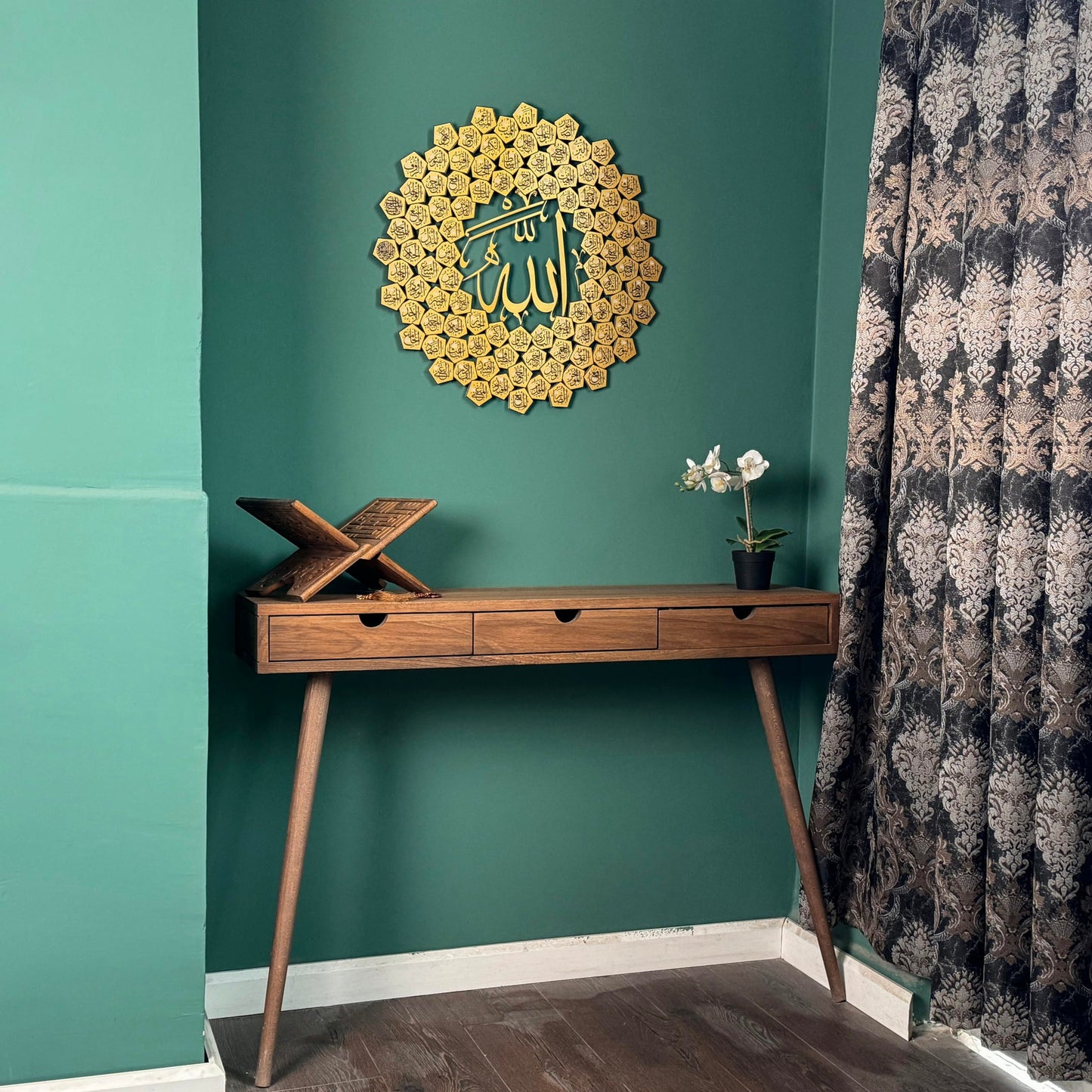 iwa concept 99 Names of Allah Asma-ul Husna, Islamic Wall Art, UV Printed Metal Wall Decor, Islamic Calligraphy, (Small, Gold)