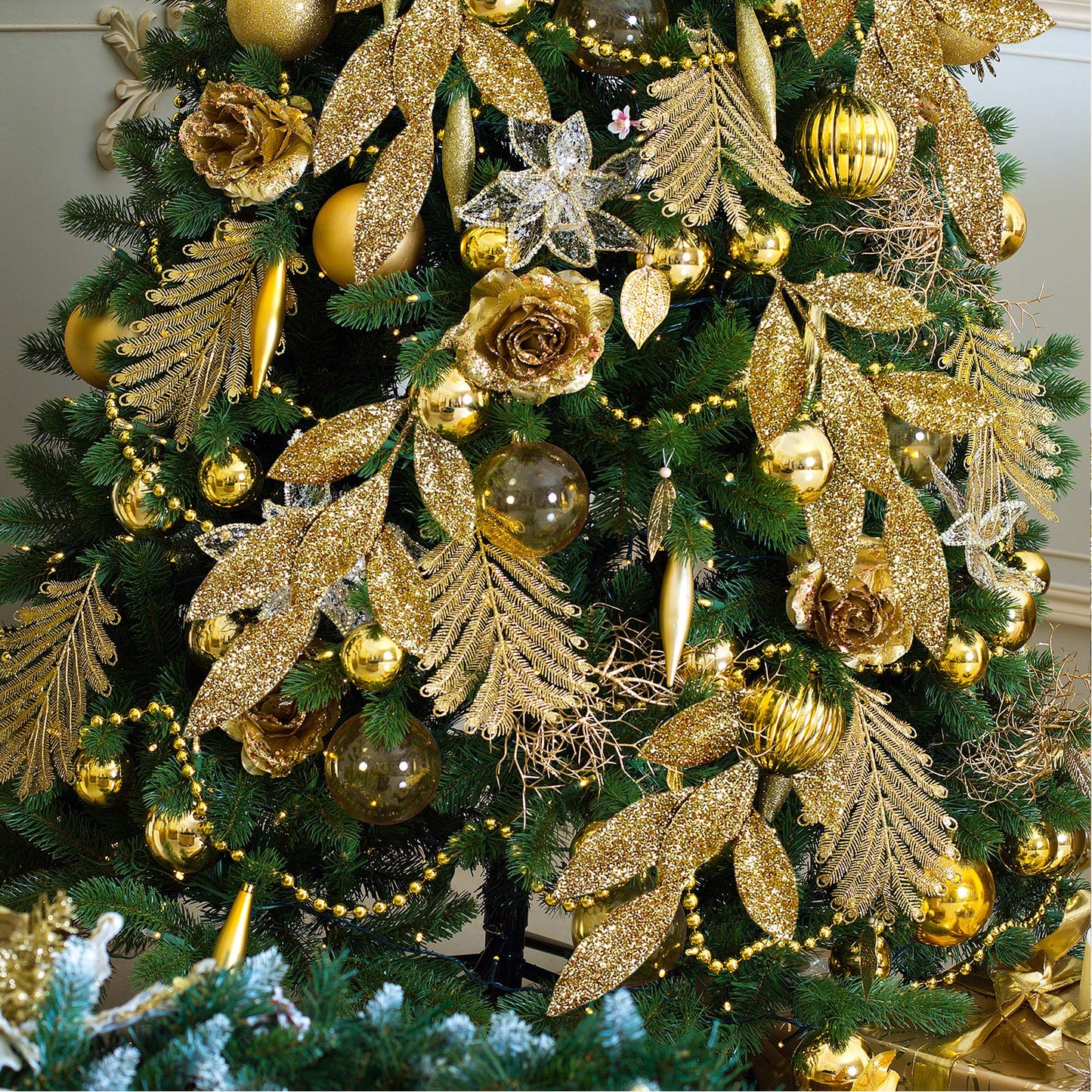 20 Pieces Gold Glittered Artificial Leaf Spray Picks 12" Tall for Christmas Winter Wedding Wreath Tree Swag Floral Arrangment Vase Bouquets Table Centerpieces Decoration