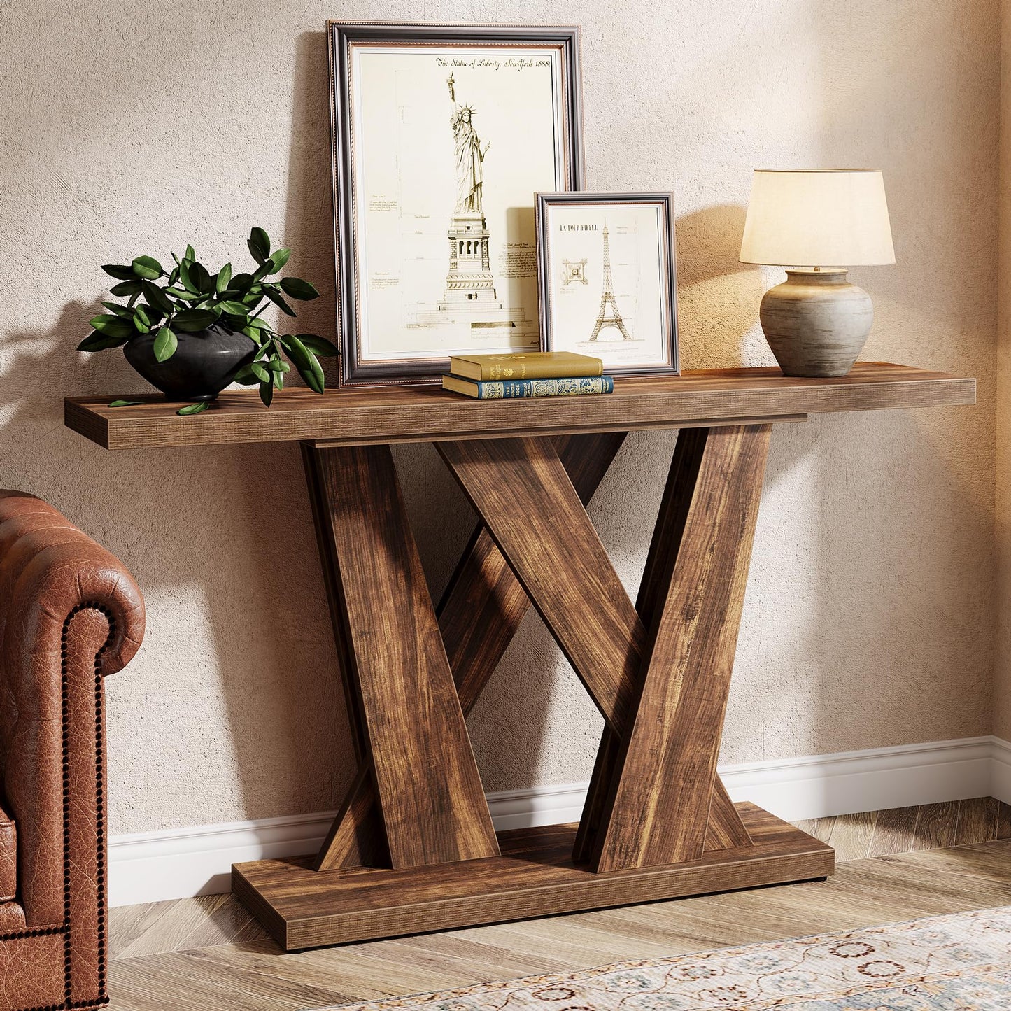 Tribesigns 55-Inch Farmhouse Console Table, Farmhouse Behind The Couch Table TV Stand with Geometric Base, Skinny Sofa Table Entryway Table for Entrance, Living Room, Hallway, Foyer, Rustic Brown