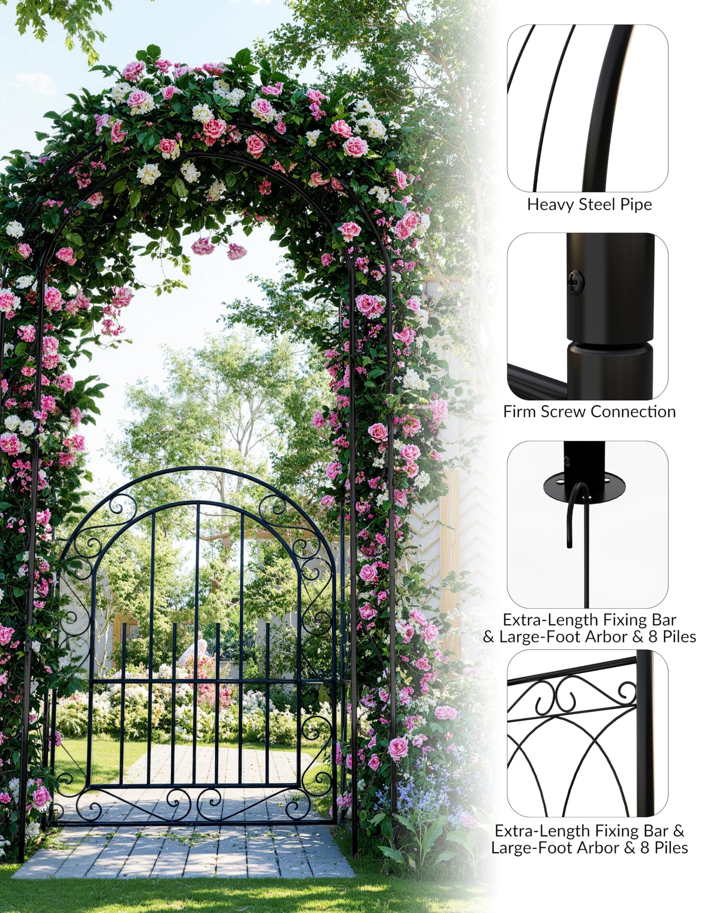 GarveeLife 7 FT Elegant Garden Arch with Gate - Romantic Steel Wedding Arbor for Climbing Roses & Vines, Decorative Metal Archway for Lawn, Patio or Backyard, Classic Black