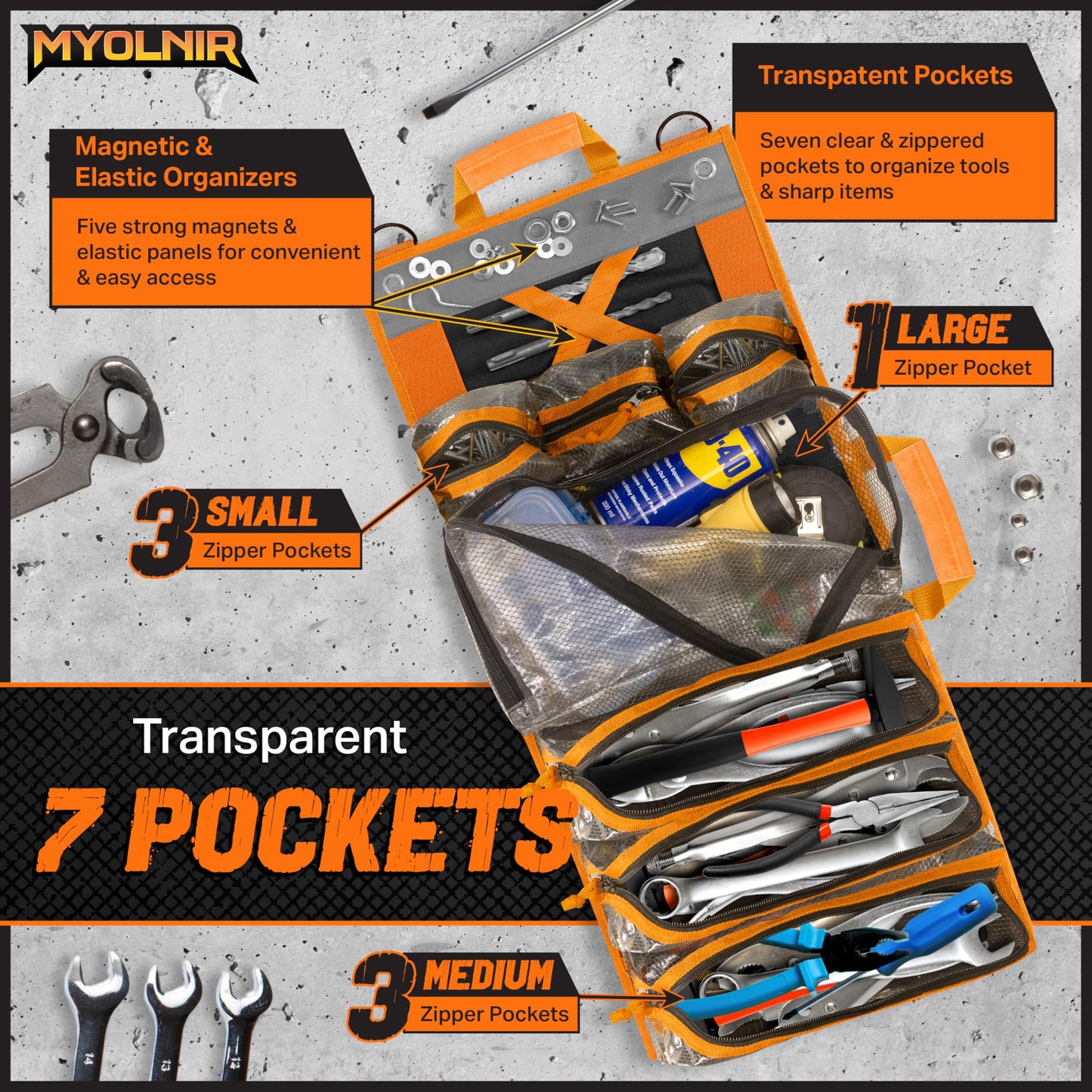 Myolnir Roll Up Tool Bag Organizer With Kickstand - Full-Size 25" Heavy Duty Tool Roll Bag - Portable Rollup Toolbag With Magnetic Panels & Transparent Pockets - Mechanic & Electrician