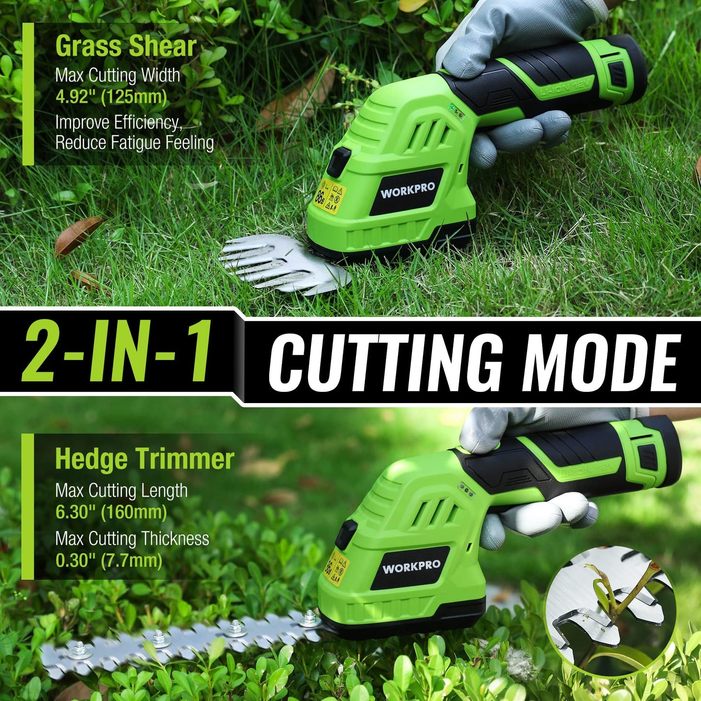 WORKPRO 12V Cordless Grass Shear & Shrubbery Trimmer - 2 in 1 Handheld Hedge Trimmer, Electric Grass Cutter with 2.0Ah Rechargeable Lithium-Ion Battery & 1 Hour Fast Charger