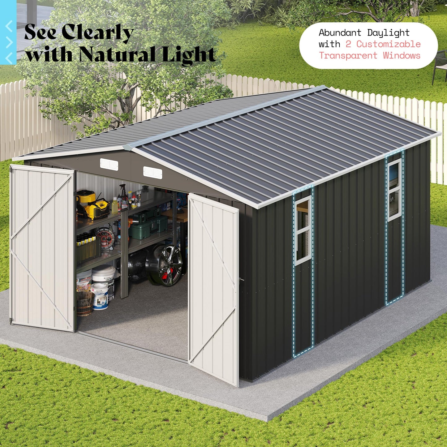 AMERLIFE 10x12x6.6 FT Metal Storage Shed, Outdoor Tool Shed with 2 DIY Windows, Hinged Double Doors and Vents, Reinforced Steel Frame for Backyard, Garden, DIY Workshop, Dark Grey