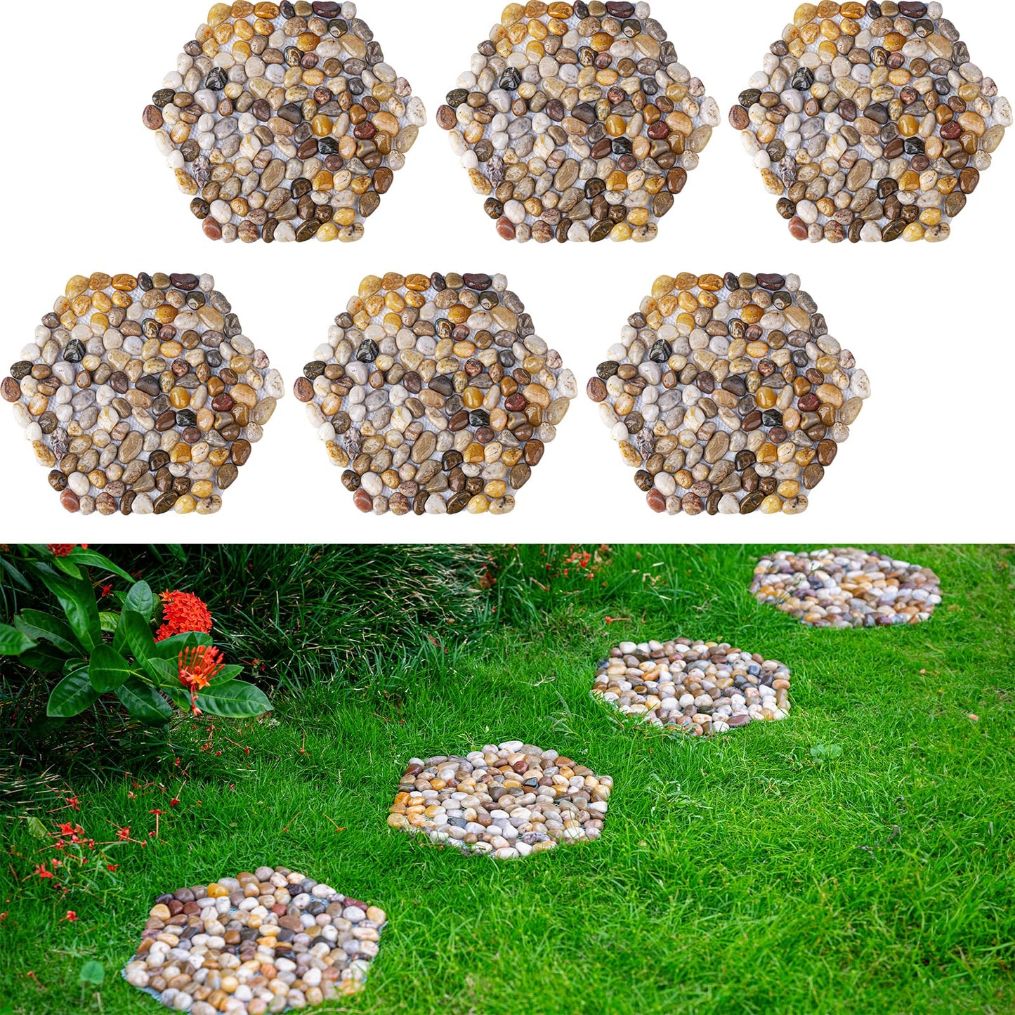 6 PCS Natural River Rock Stepping Stones for Garden Walkway - 9.5'' Hexagon Pebble Mats with Non-Slip Mesh Backing - Decorative Outdoor Stone Pavers for Patio, Lawn, Backyard Path & Landscaping Decor