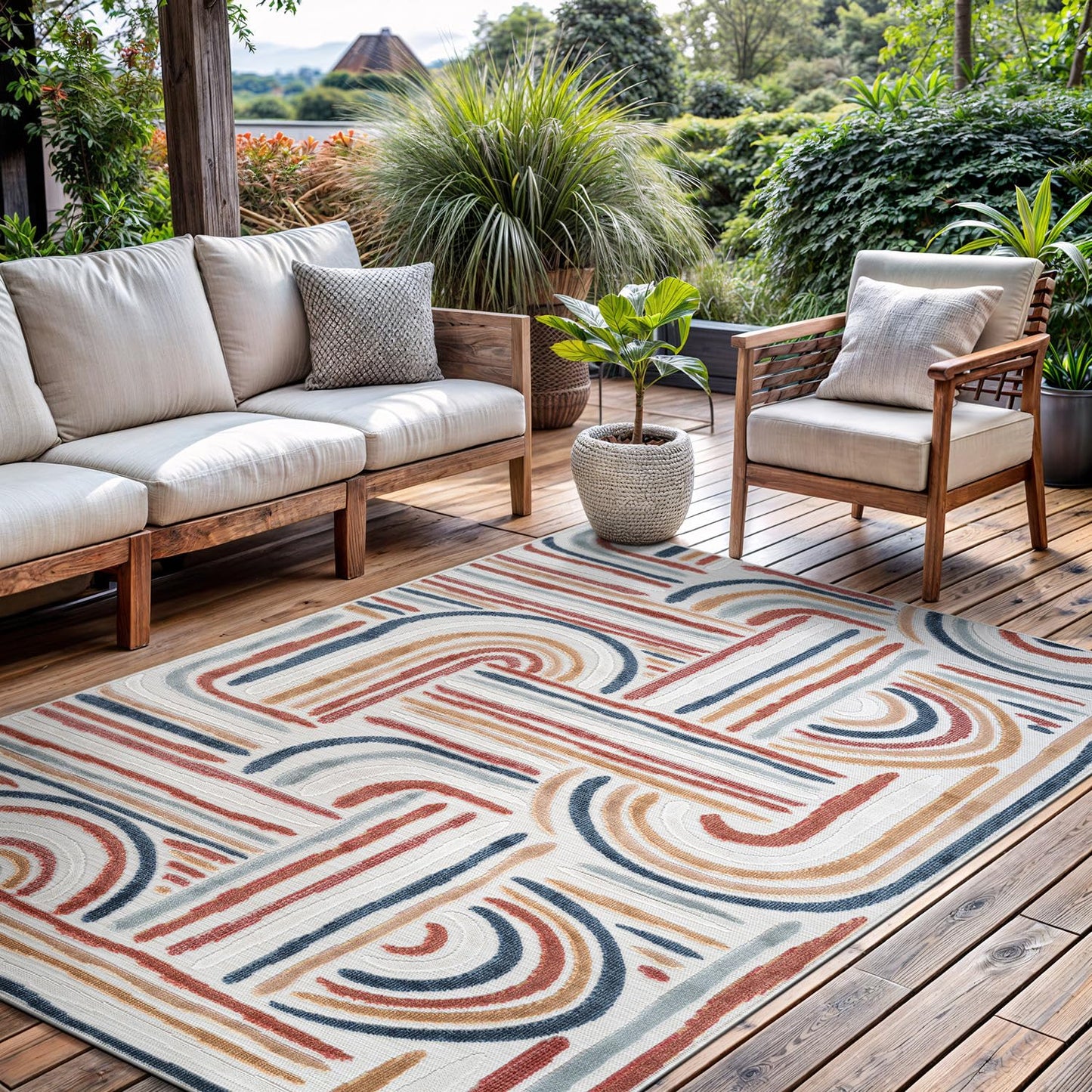 CAMILSON Indoor Outdoor Rug, Multicolor 6x9 Geometric Arch Striped Area Rugs for Patio and Home Areas, Easy-Cleaning Non-Shedding Living Room, Garden and Deck Washable Outside Carpet (6 x 9)