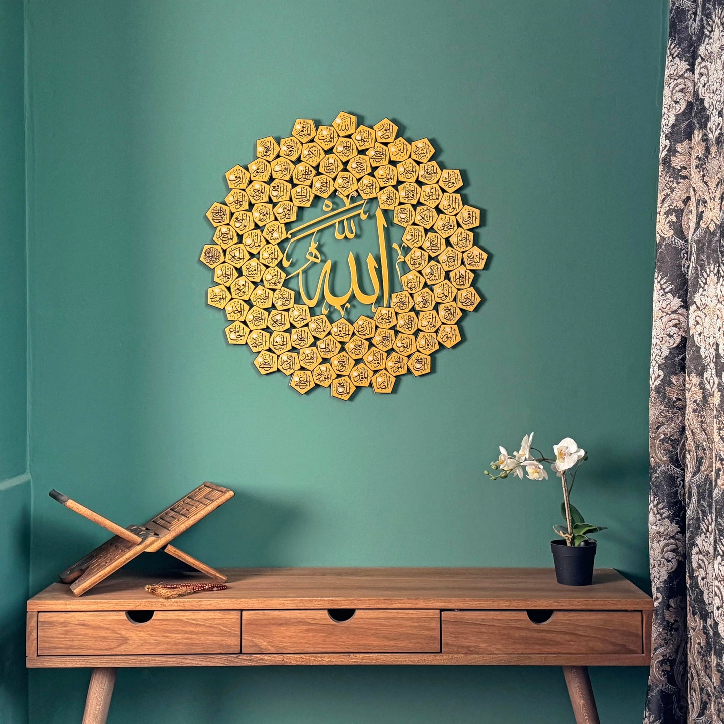 iwa concept 99 Names of Allah Asma-ul Husna, Islamic Wall Art, UV Printed Metal Wall Decor, Islamic Calligraphy, (Small, Gold)
